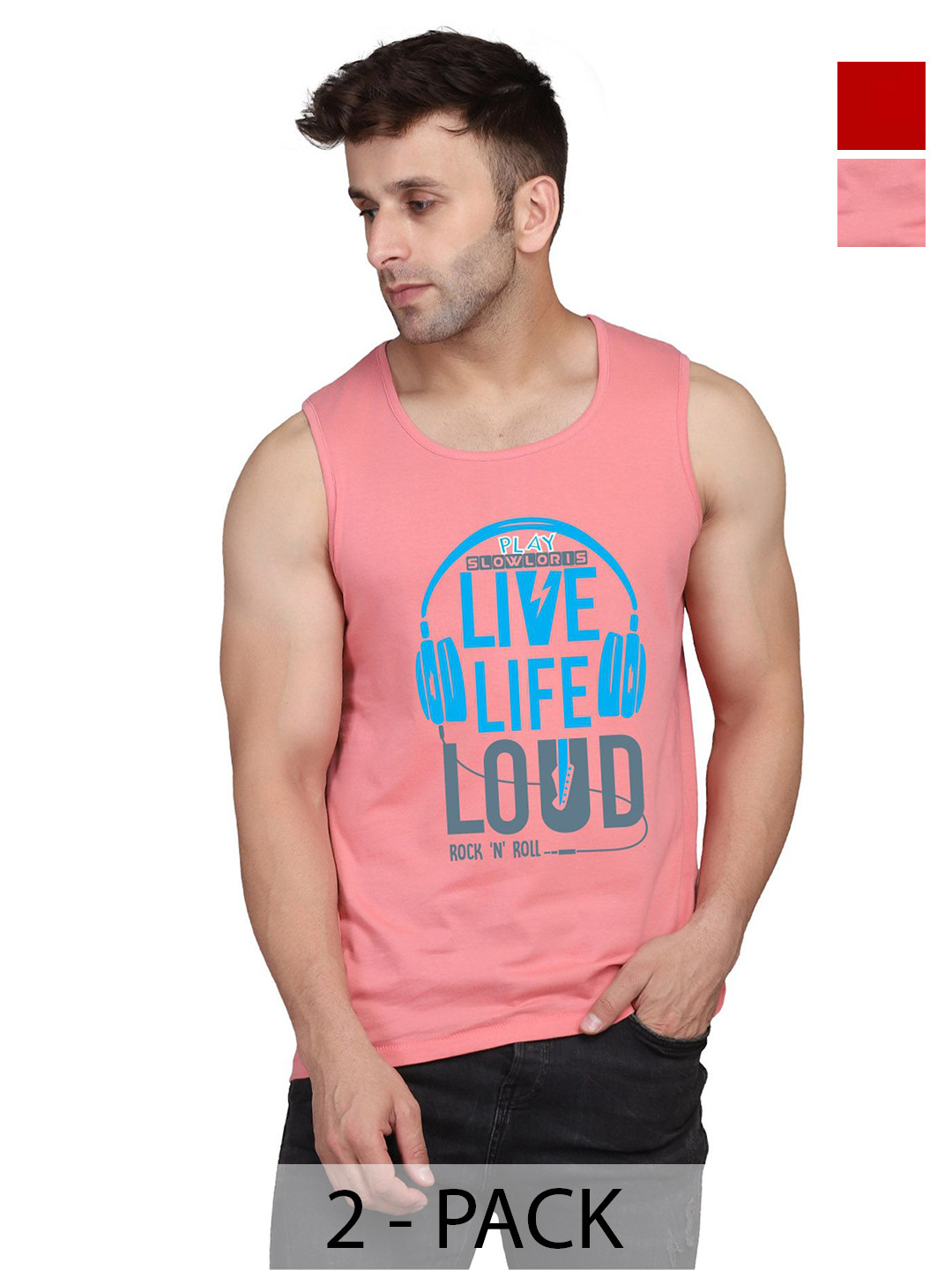 SLOWLORIS Men Pack Of 2 Typography Printed Round Neck Cotton Slim Fit T-Shirts
