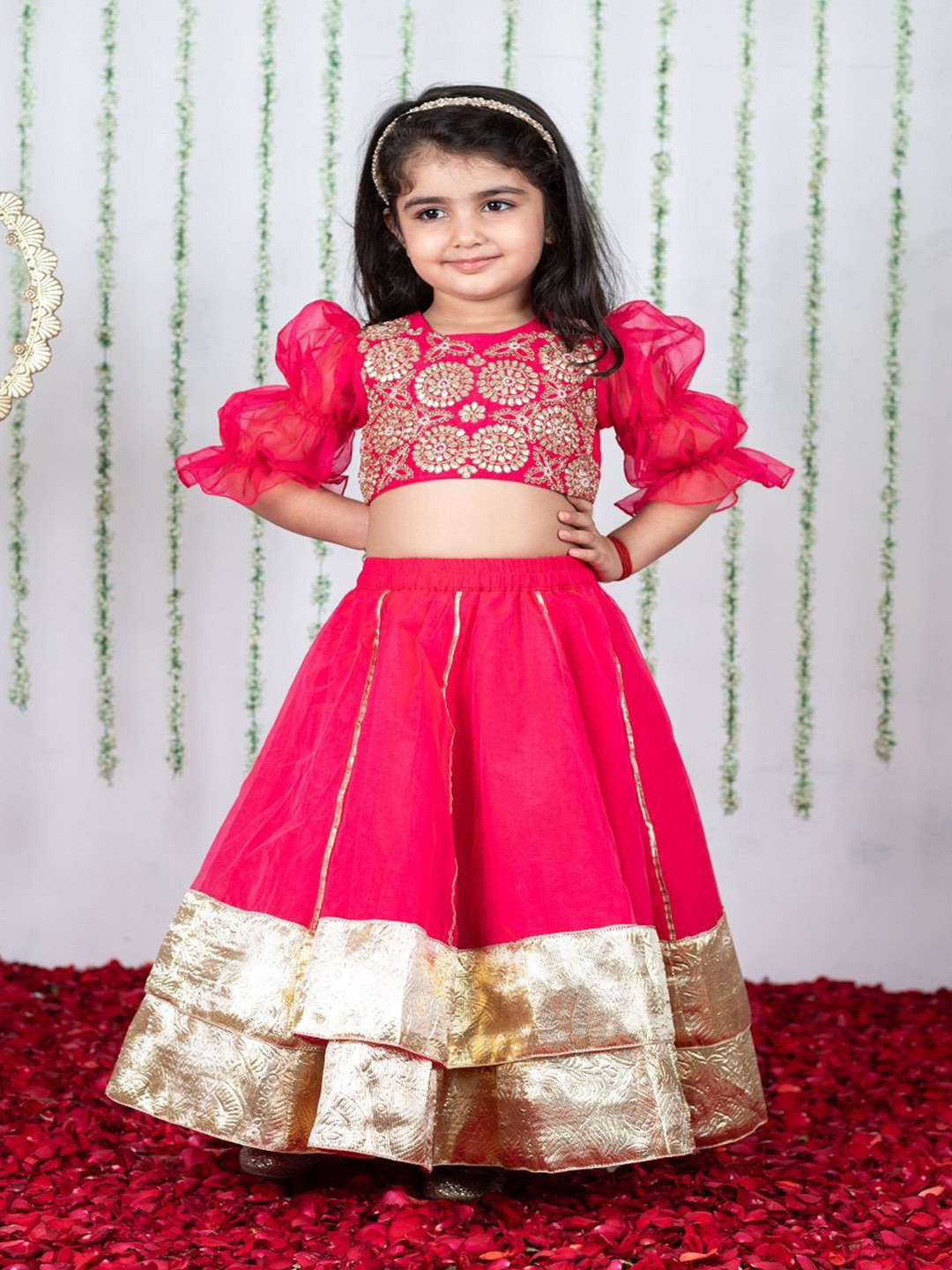 Li'l Angels Girls Floral Embroidered Puffed Sleeves Organza Ready to Wear Lehenga Choli