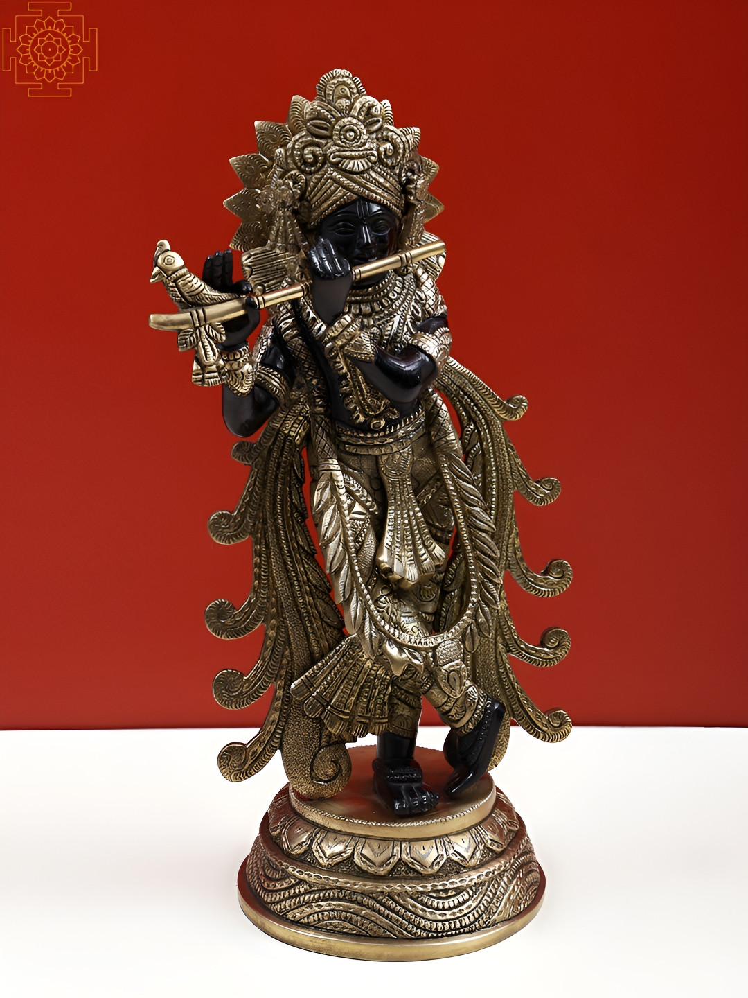 Exotic India Lord Krishna Playing Flute Black Brass Matte Living Room Large Showpiece - 15.4 Inches