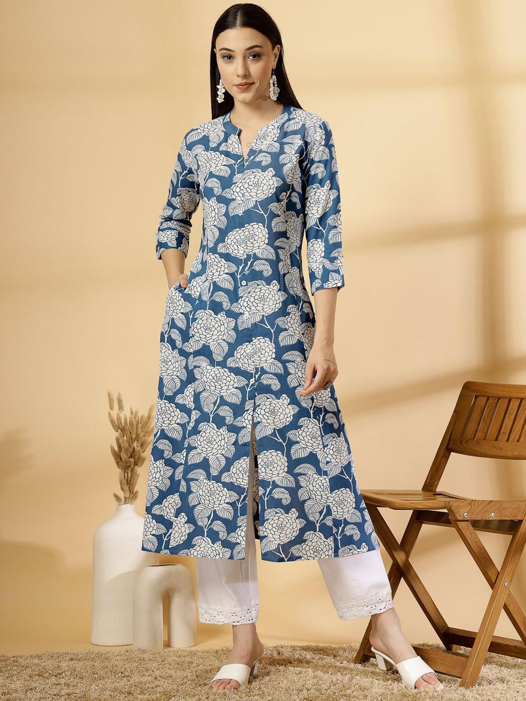 Pistaa Floral Printed Band Collar A-Line Kurta