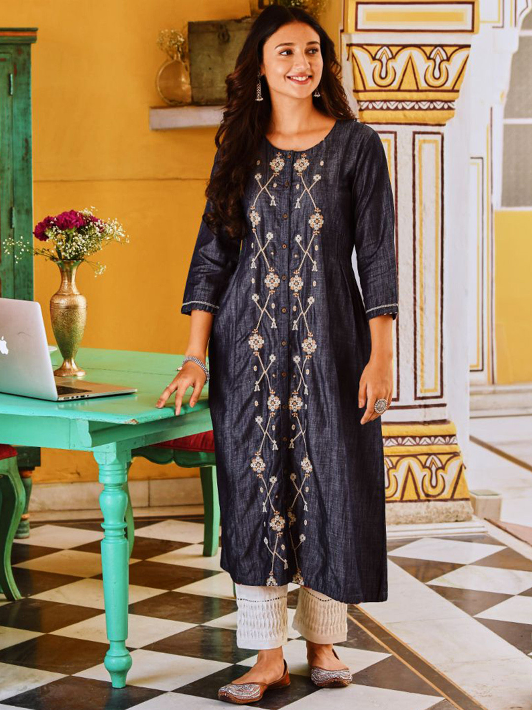 SAVI Denim Embroidered A Line Kurta