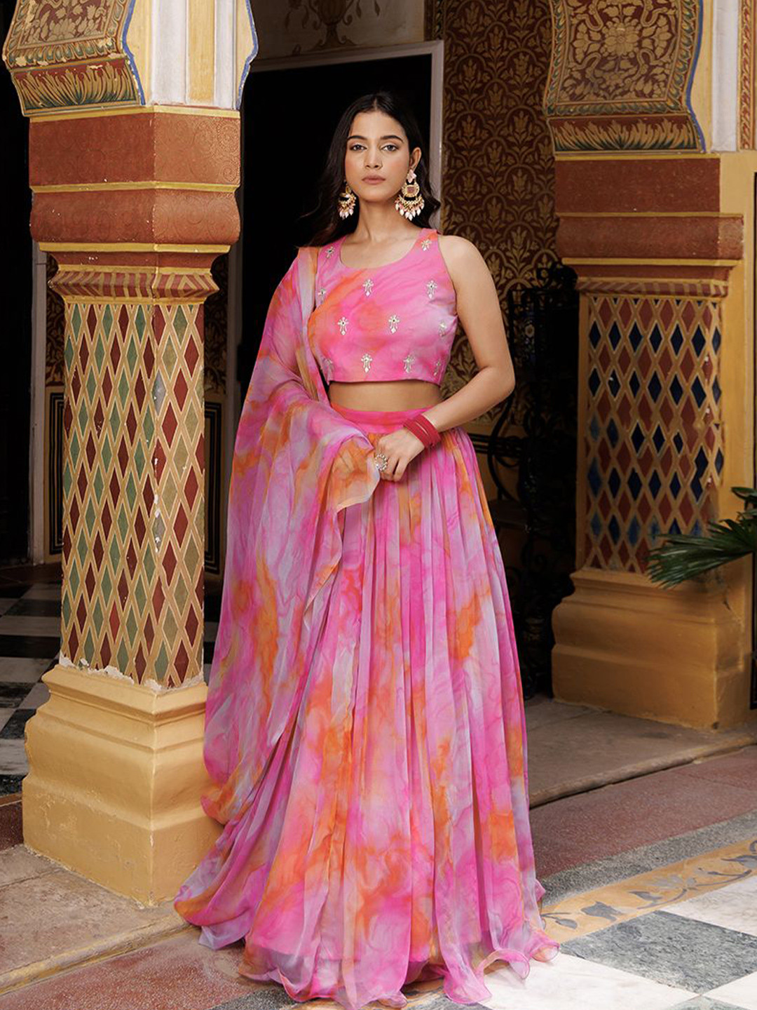 Ragavi Embroidered Patchwork Shibori Ready to Wear Lehenga & Blouse With Dupatta