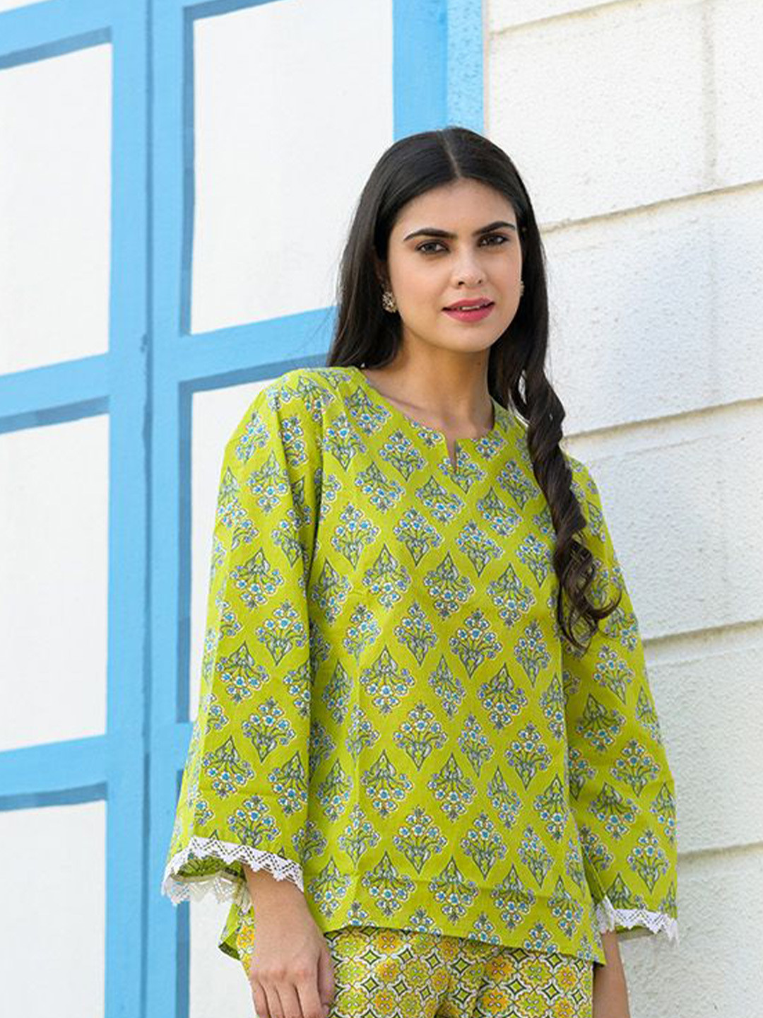 Kaftanize Blossom Greenery Printed Pure Cotton Tunic With Trouser Co-Ords