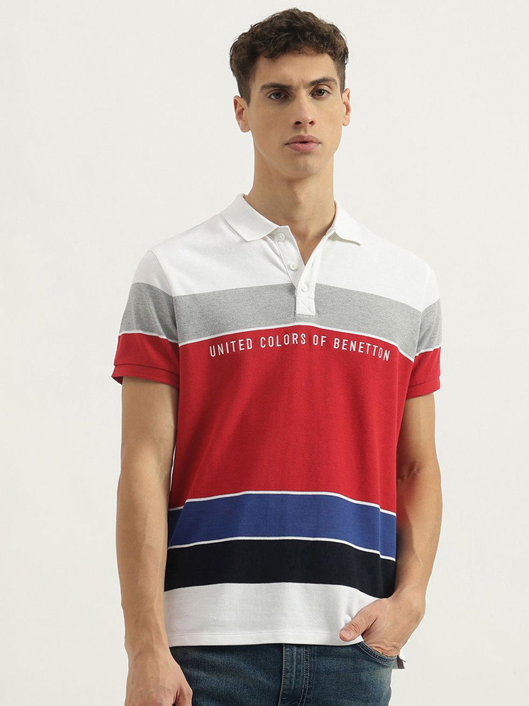 United Colors of Benetton Men Colourblocked Polo Collar Pure Cotton T-Shirt