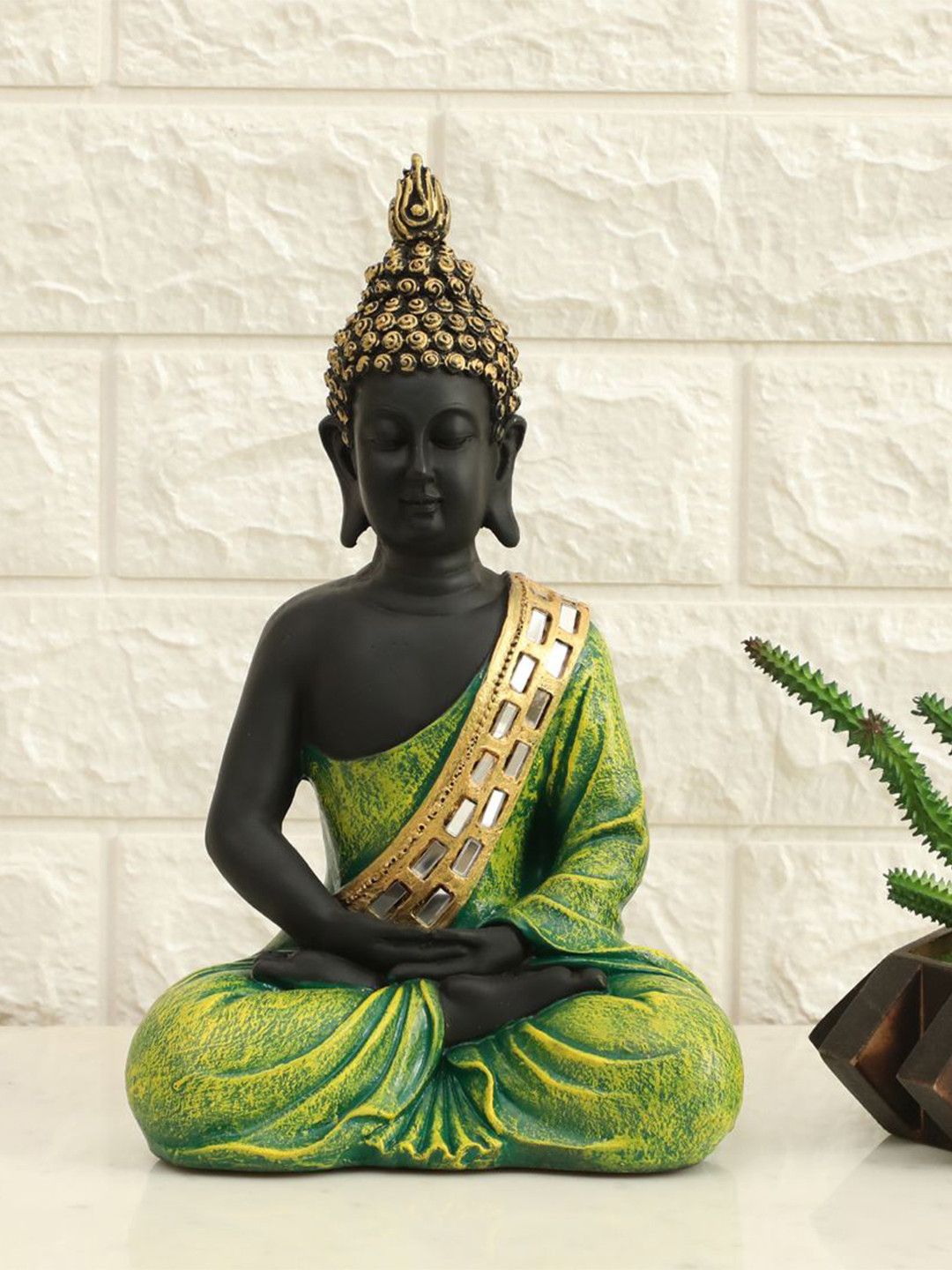 vedas S-Myat Buddha Green Polyresin Glossy Living Room Small Showpiece - 4.3 Inches