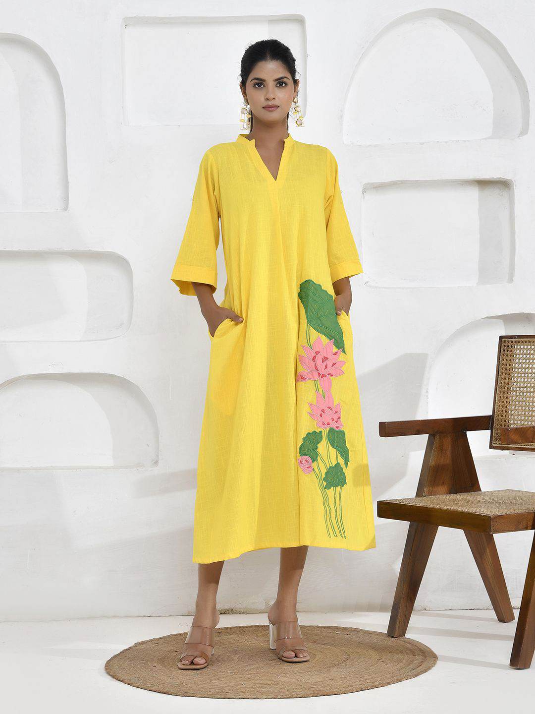 THE SAFFRON SAGA Flared Sleeve Formal A-Line Midi Dress