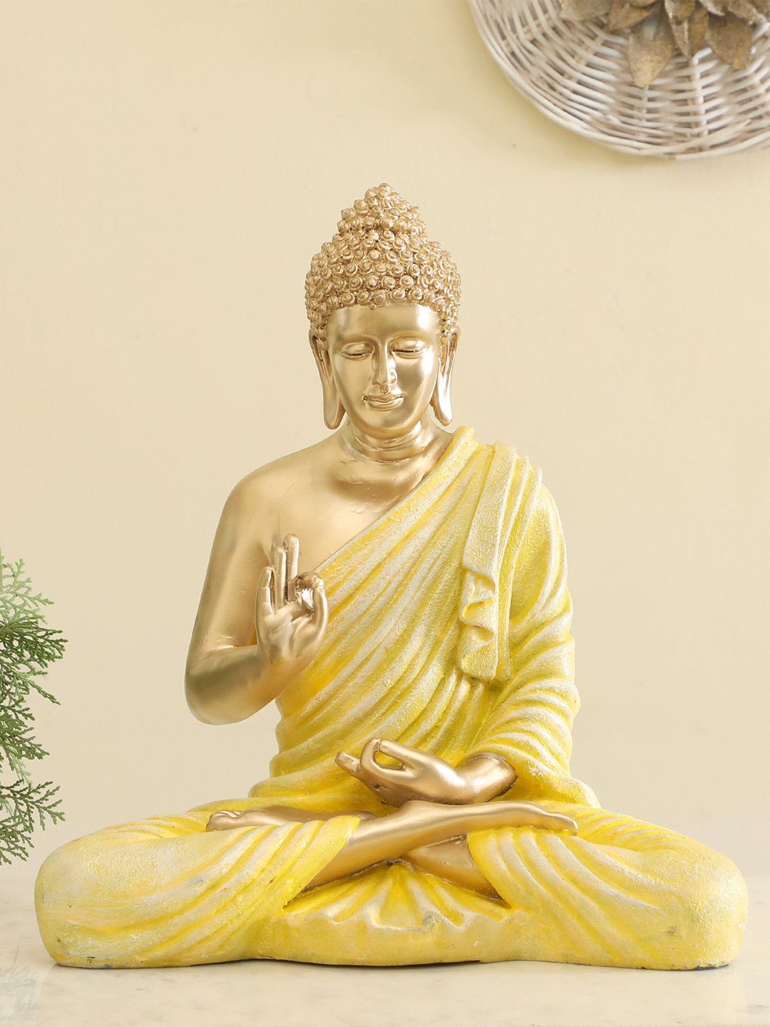 vedas S-Ory Buddha Yellow Polyresin Matte Living Room Medium Showpiece - 15 Inches