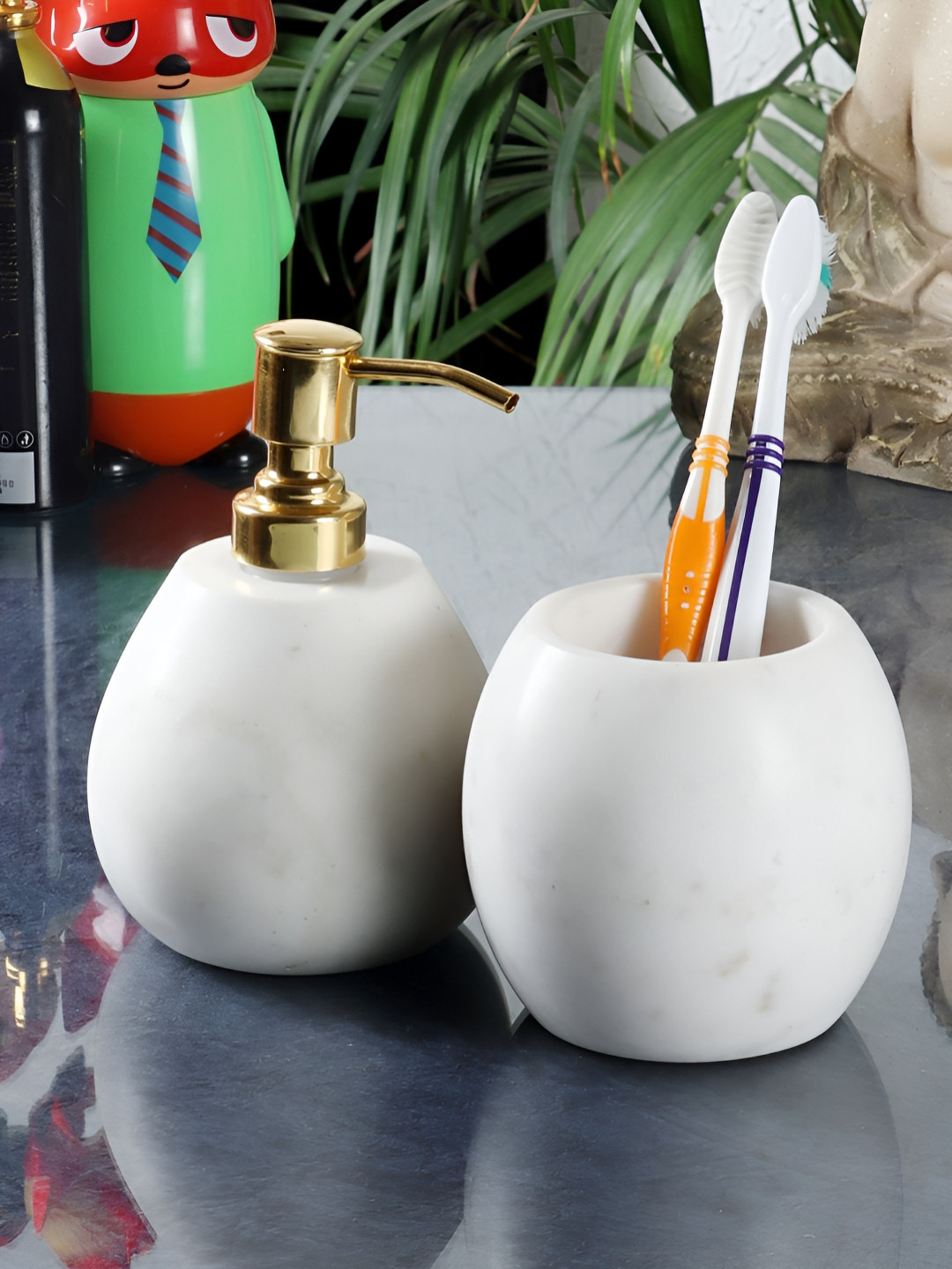 NikkisPride White & Gold-Toned 2 piece Solid Marble Bath Accessories Set