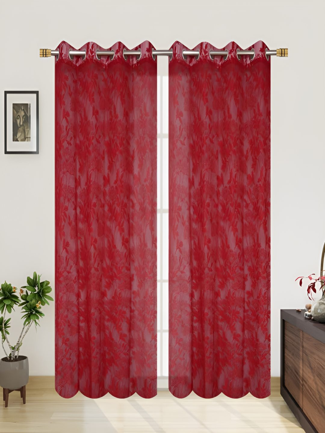 B' Decorlish Maroon Floral Sheer Window Curtains