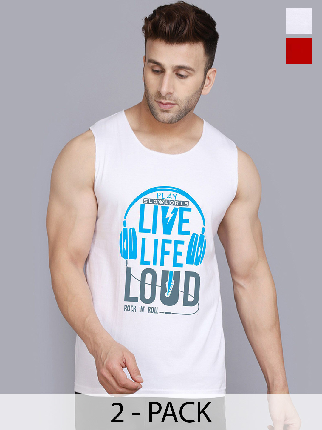 SLOWLORIS Pack Of 2 Printed Cotton Innerwear Vests-SL26 COMBO (LOUD WHITE) (JUST RED)