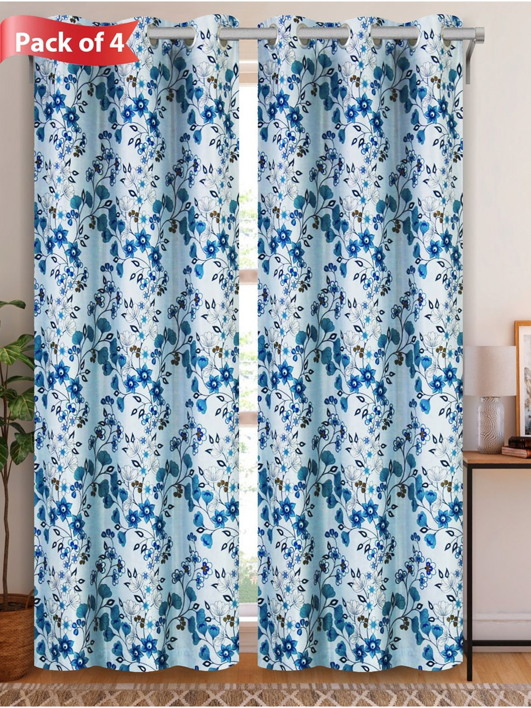 Aura Blue & Navy Blue Set of 4 Floral Room Darkening Door Curtain