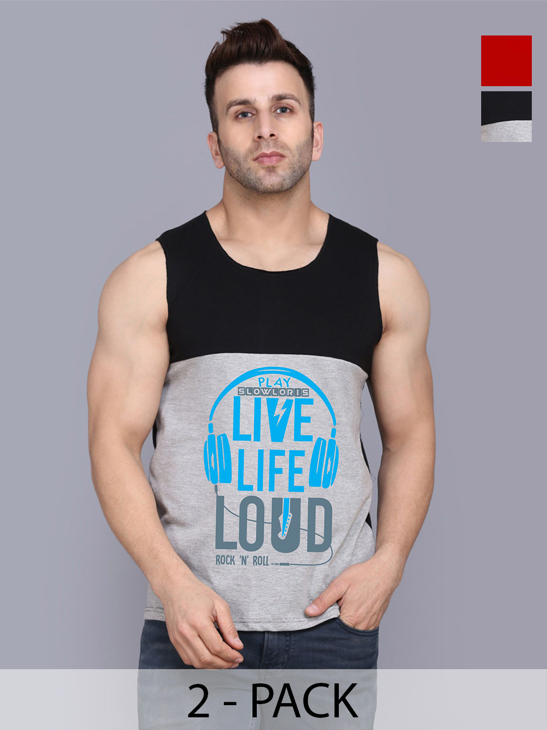 SLOWLORIS Men Pack Of 2 Typography Printed Round Neck Cotton Slim Fit T-Shirts