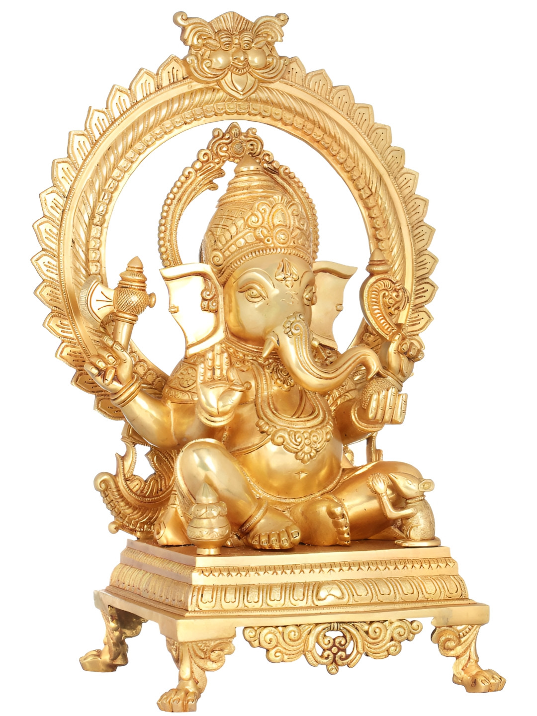 Exotic India Prabhavali Ganesha Gold Brass Metallic Prayer Room Hand Made Large Showpiece - 20.2 Inches