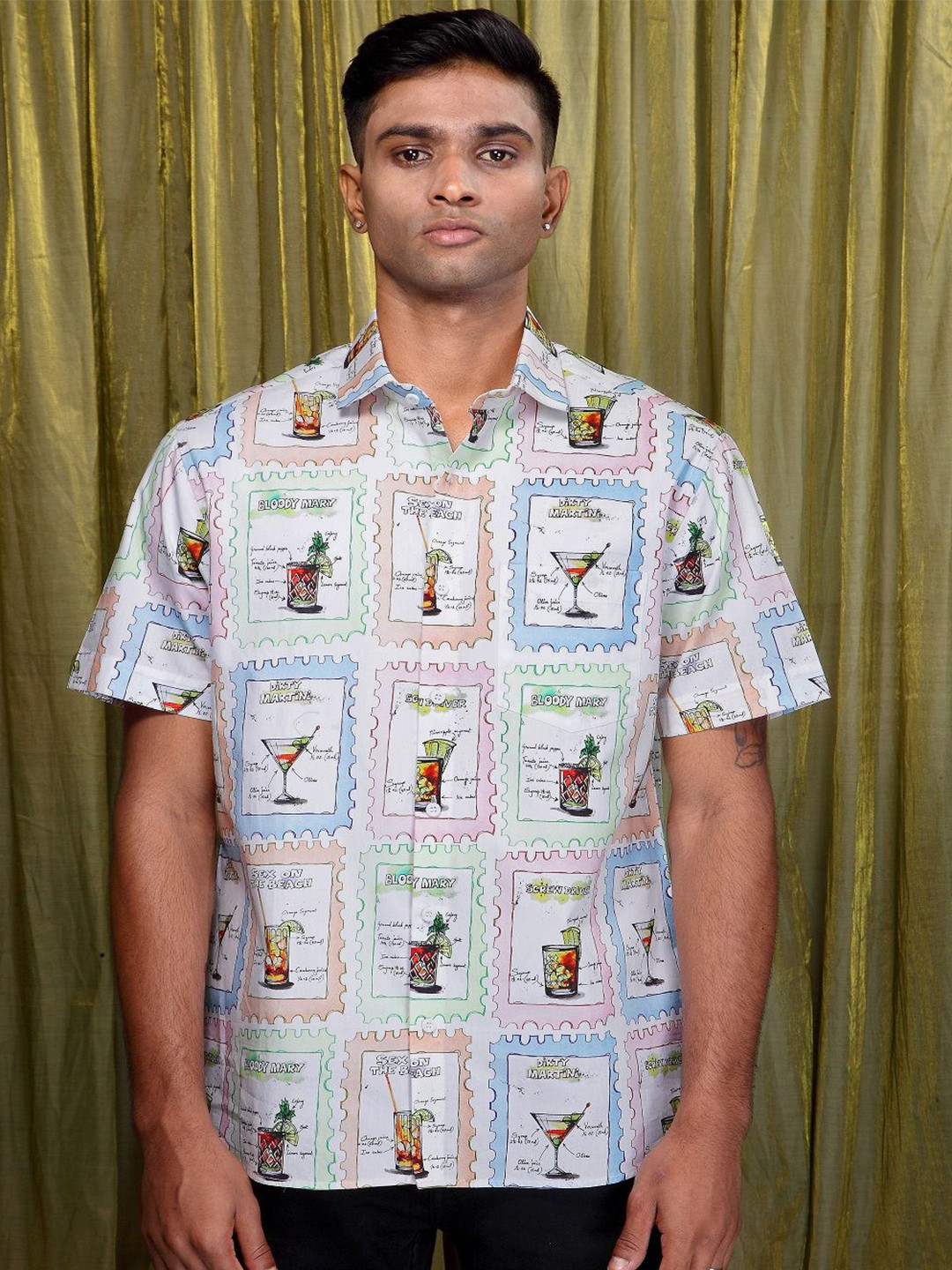 Felix Bendish Men Classic Spread Collar Conversational Printed Relaxed Fit Casual Shirt