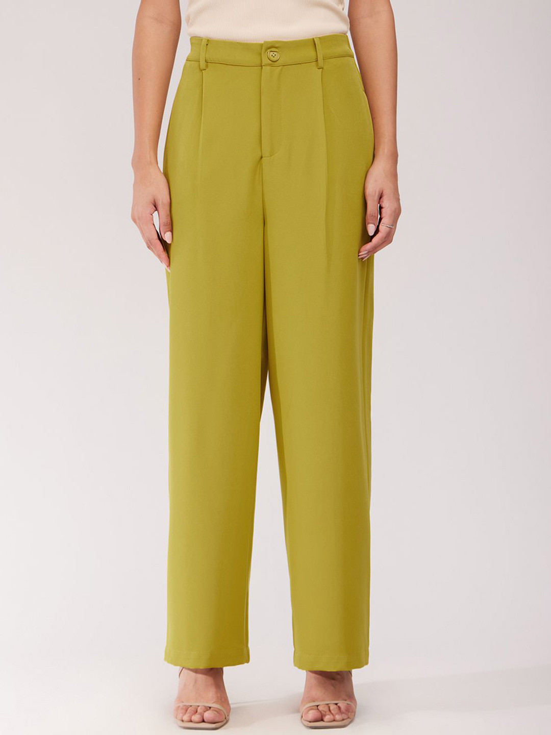 FableStreet Women Green Single Pleat Wide Leg Trousers