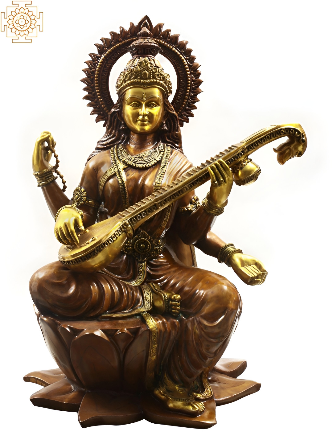 Exotic India Brahmapriya Devi Sarasvati Brown Brass Metallic Prayer Room Hand Made Extra Large Showpiece - 0.6 Inches