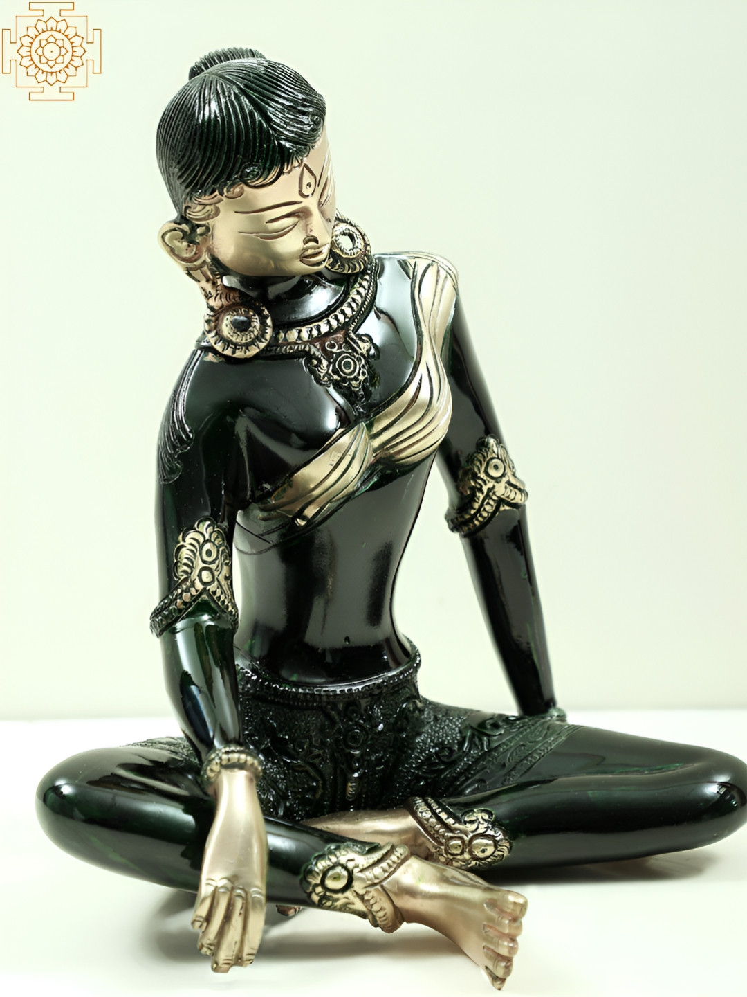 Exotic India Tibetan Buddhist Deity Green Tara Green Brass Metallic Living Room Hand Made Medium Showpiece - 8.3 Inches