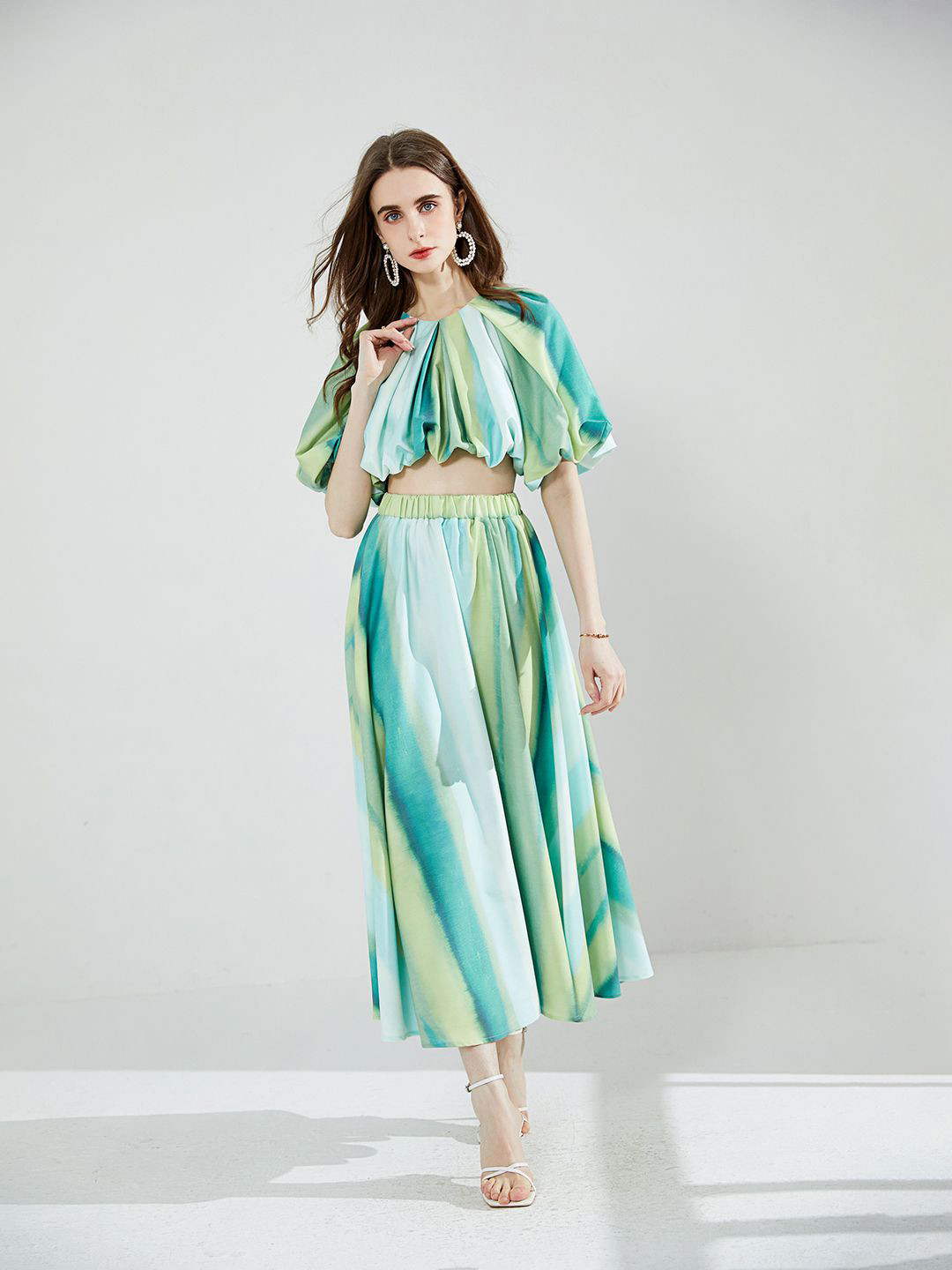 JC Collection Tie & Dye Printed Blouson Casual Crop Top With Midi Skirt