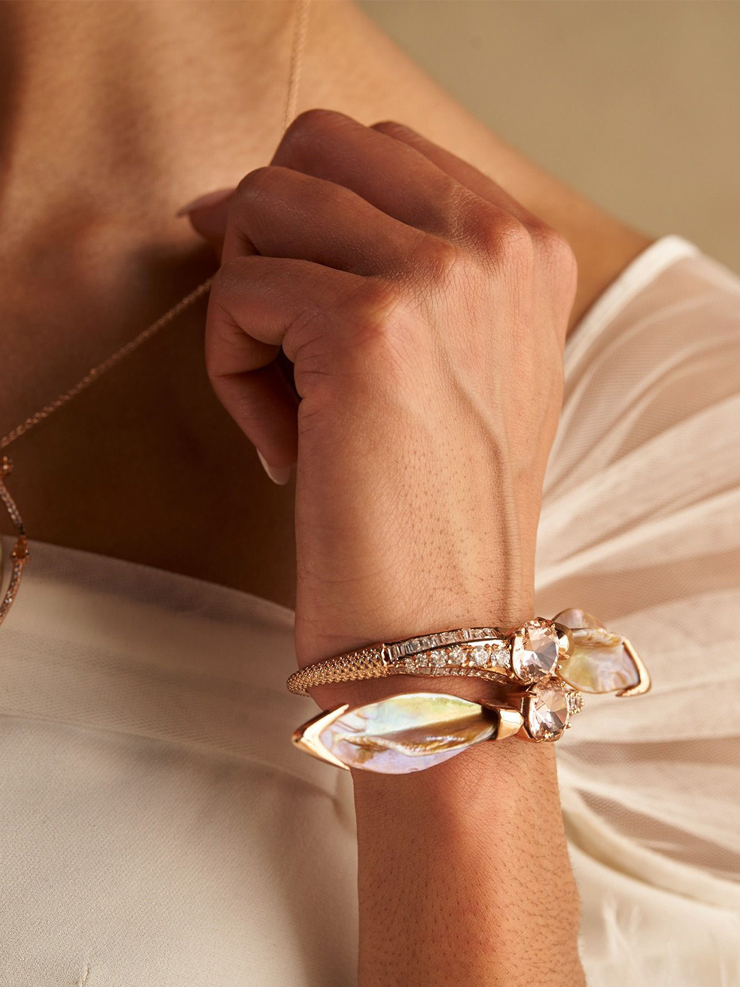 Outhouse 22kT Rose Gold-Plated Crystal and Cubic Zircoin Studded & Beaded Cuff Bracelet
