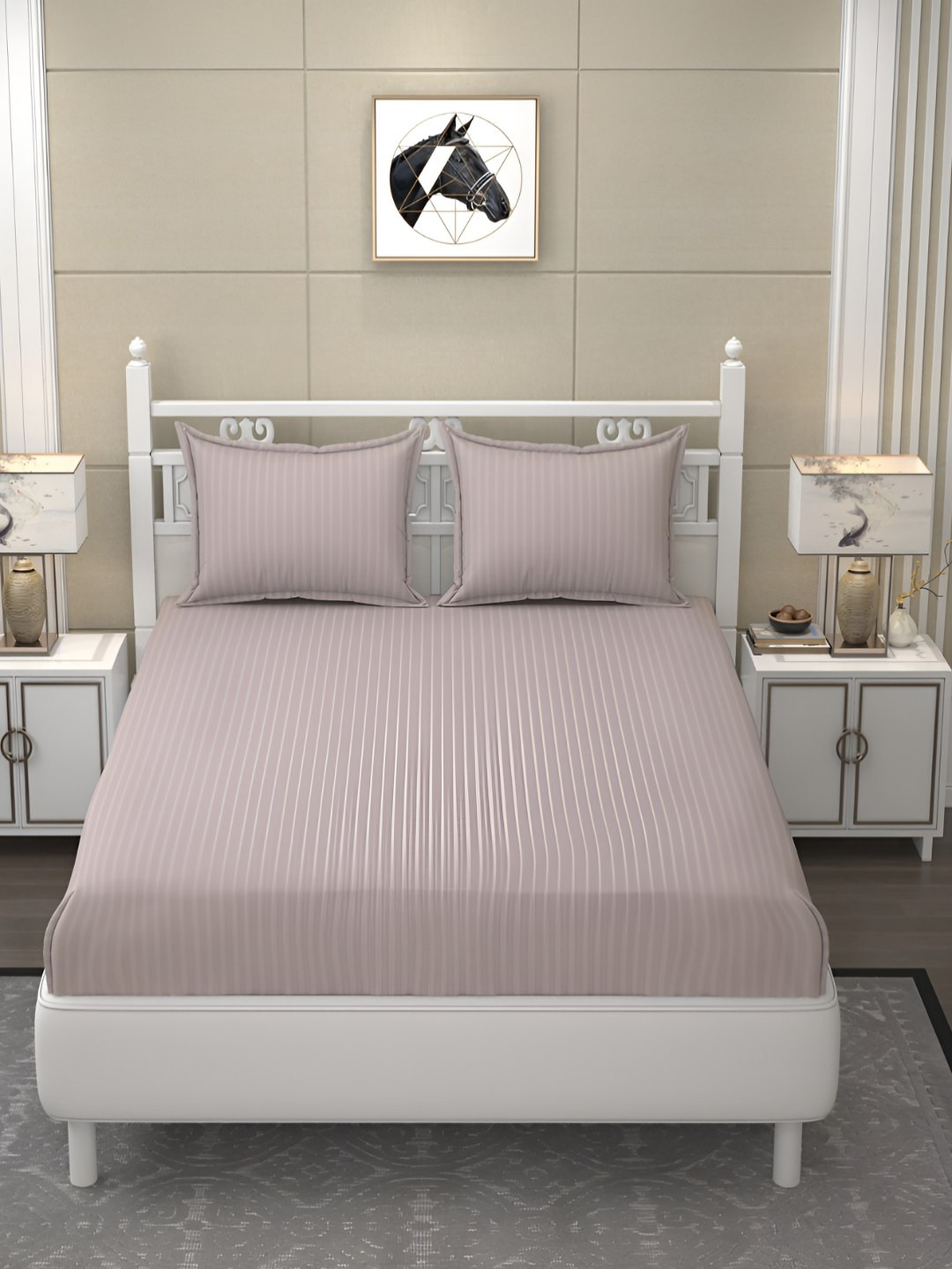 B' Decorlish Passion Fur Taupe Striped Satin 210 TC King Fine Bedsheet with 2 Pillow Covers-274 x 274 cm