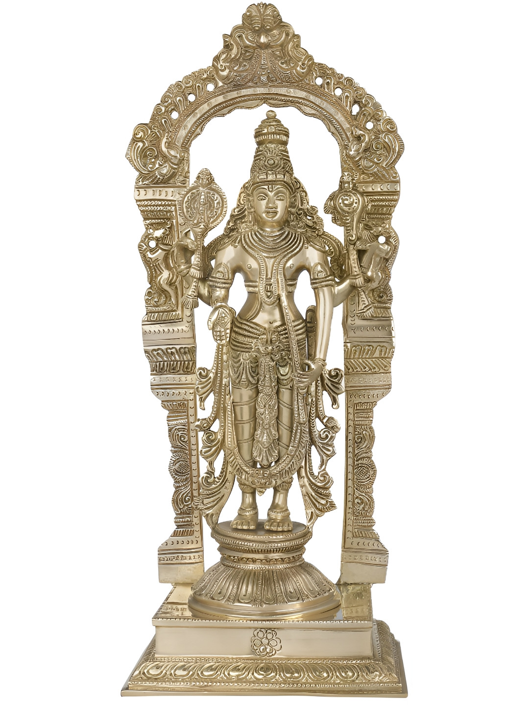Exotic India Bhagawan Vishnu on Prabhawali Pedestal Gold Brass Metallic Prayer Room Hand Made Large Showpiece - 17 Inches