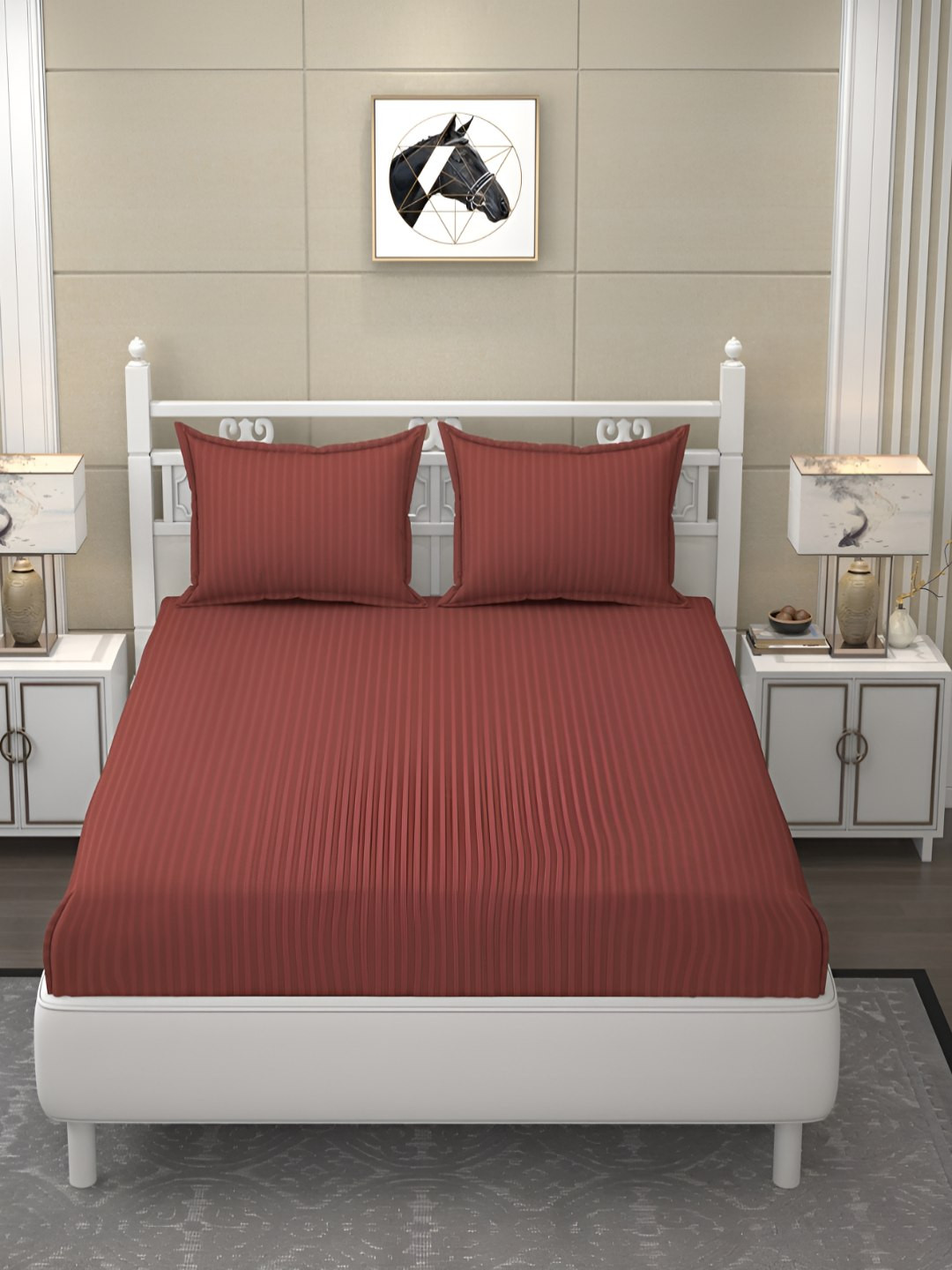 B' Decorlish Rust Striped Cotton Dotted 210 TC King Fine Bedsheet with 2 Pillow Covers-108 x 108 inches