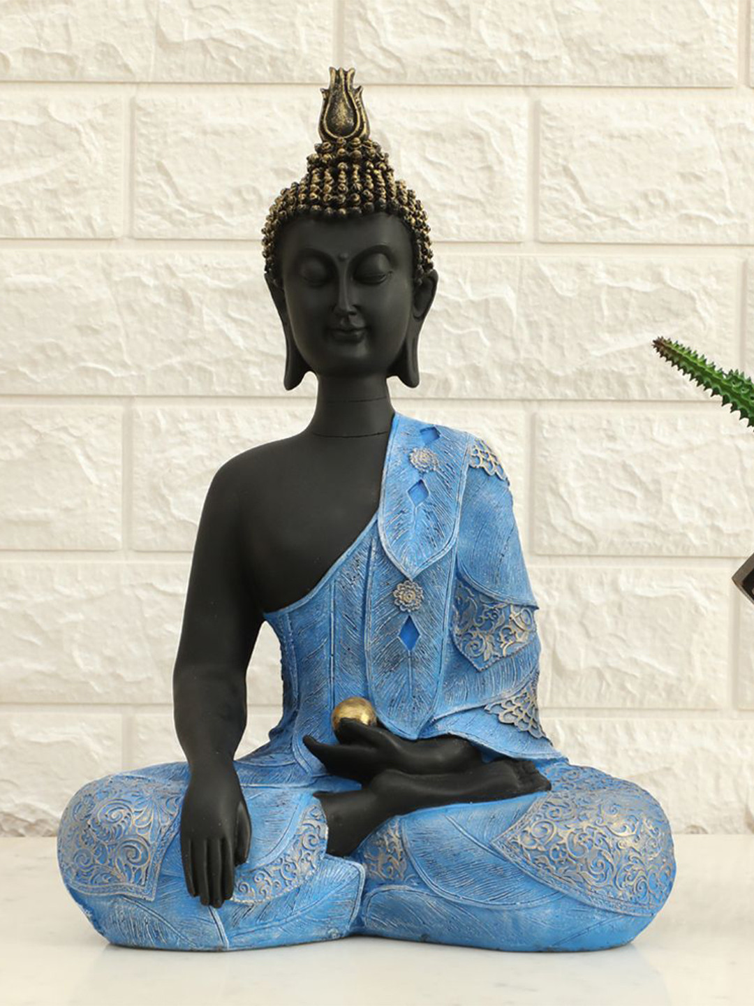 vedas S-Laddu Buddha Black Polyresin Glossy Prayer Room Medium Showpiece - 16.1 Inches