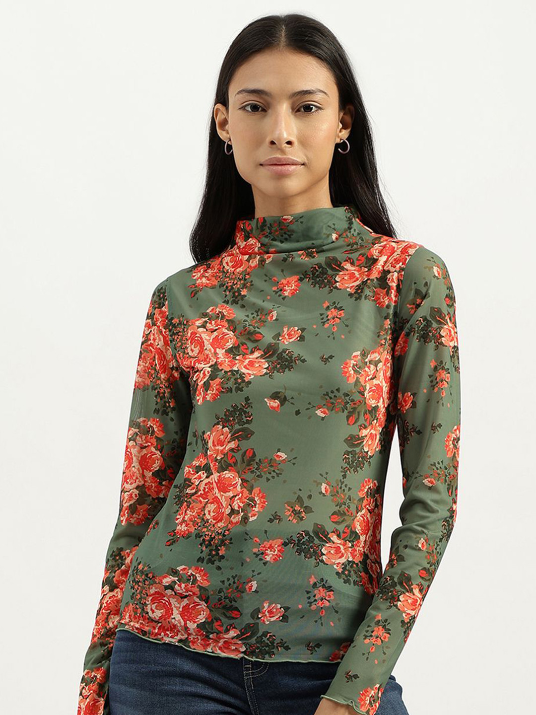 United Colors of Benetton Women Floral Printed Hooded Drop-Shoulder Sleeves Pockets T-shirt