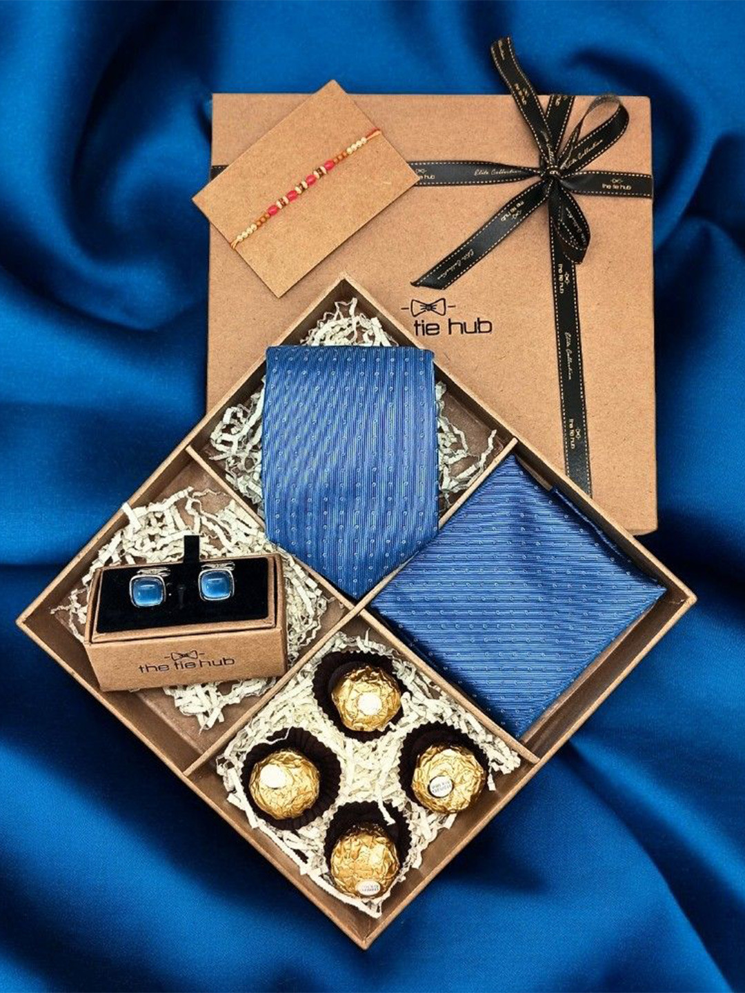 The Tie Hub Men Accessory Gift Set Of Tie Cufflinks Pocket Square With Chocolate & Rakhi