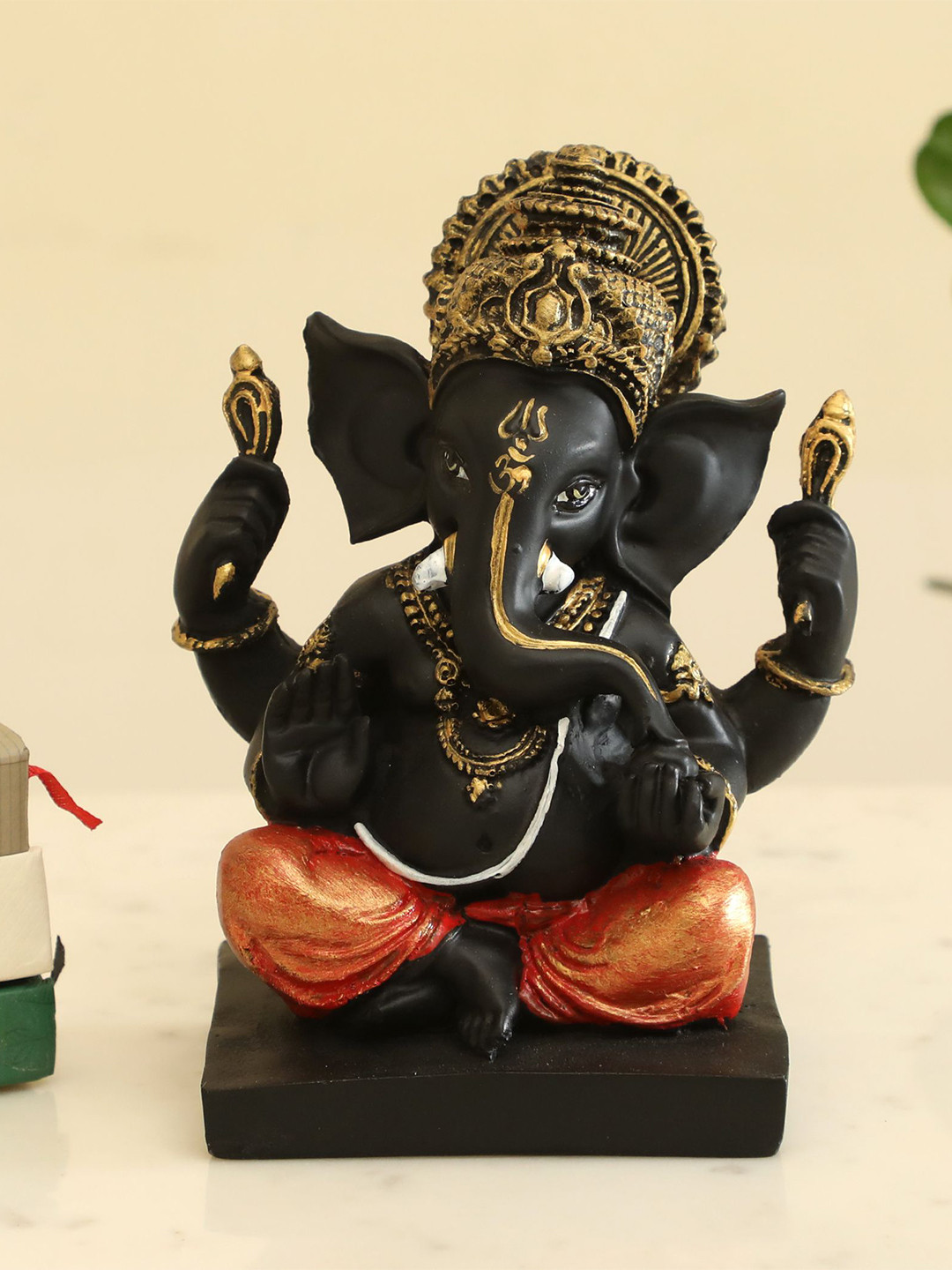 vedas Bhupati Ganesha Black Polyresin Natural Prayer Room Small Showpiece - 6.3 Inches