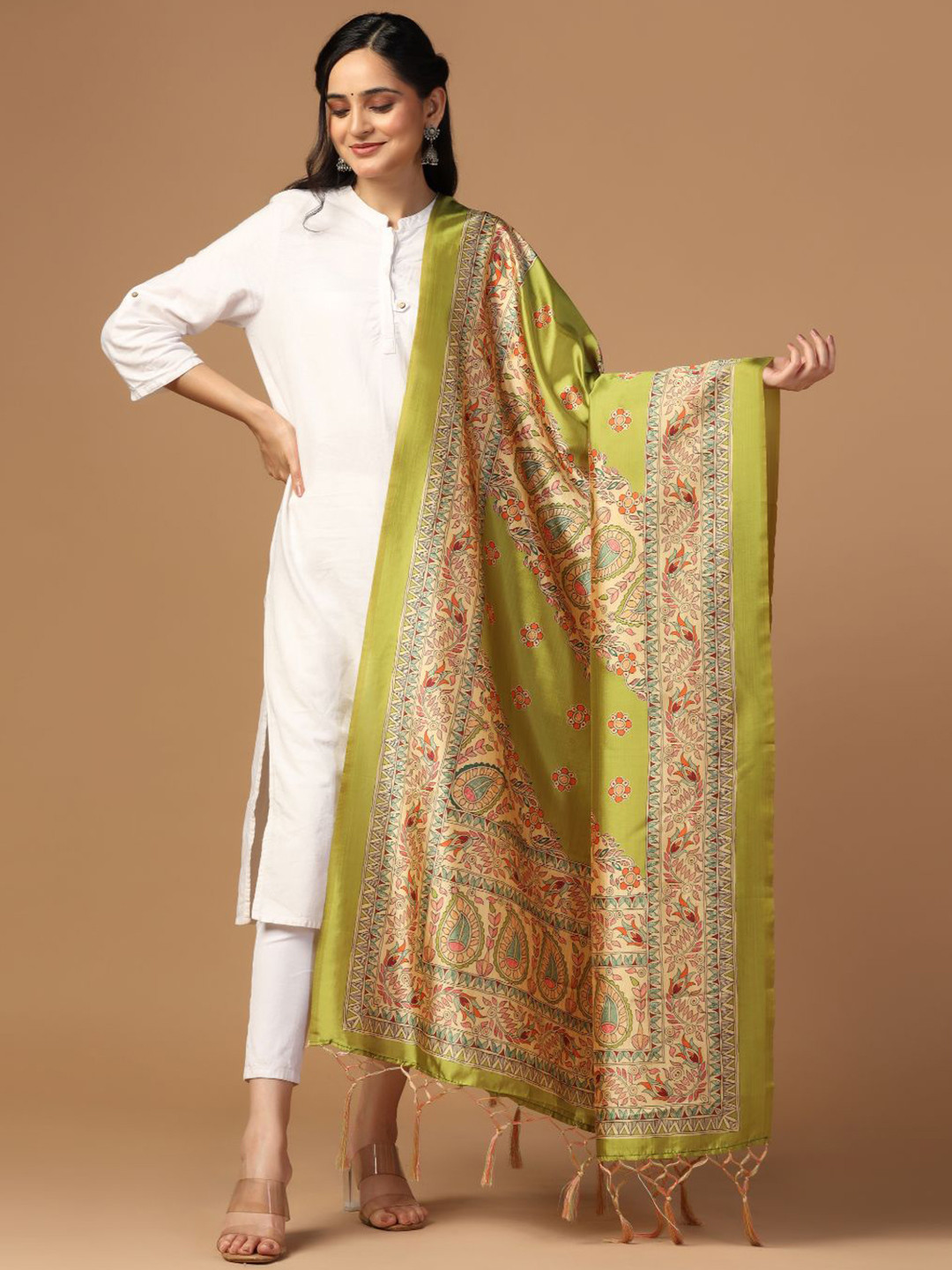 Kaizen TEXO FAB Ethnic Motifs Printed Assam Silk Tasselled Dupatta