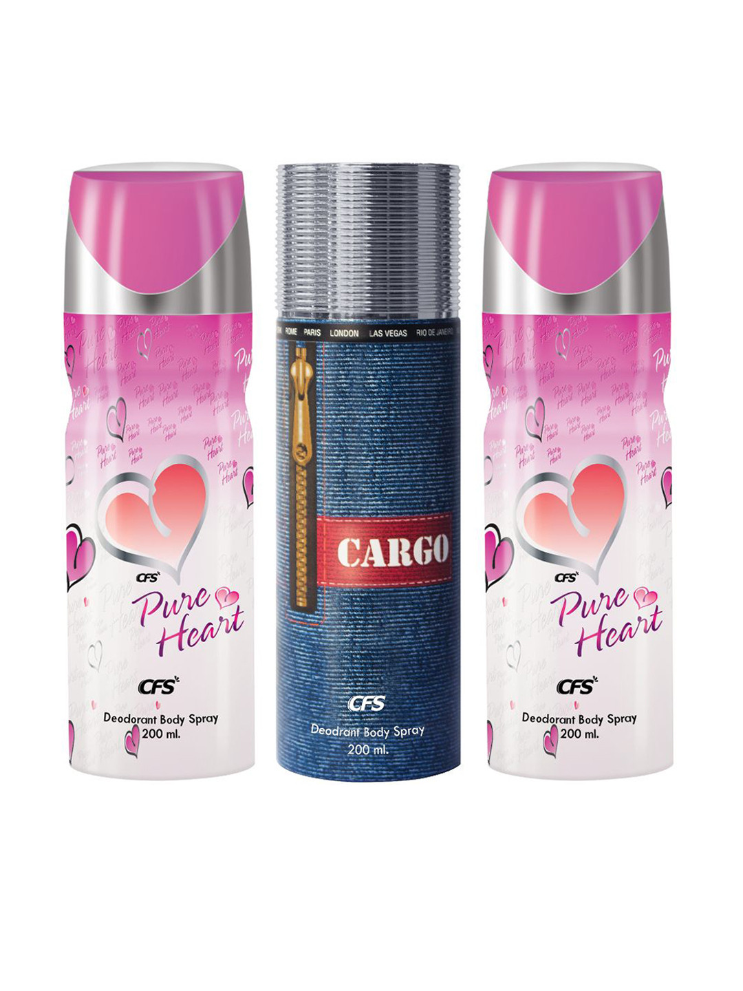 CFS Set of 3 Long Lasting Deodorant Body Spray 200 ml each - Pure Heart Pink & Cargo Blue