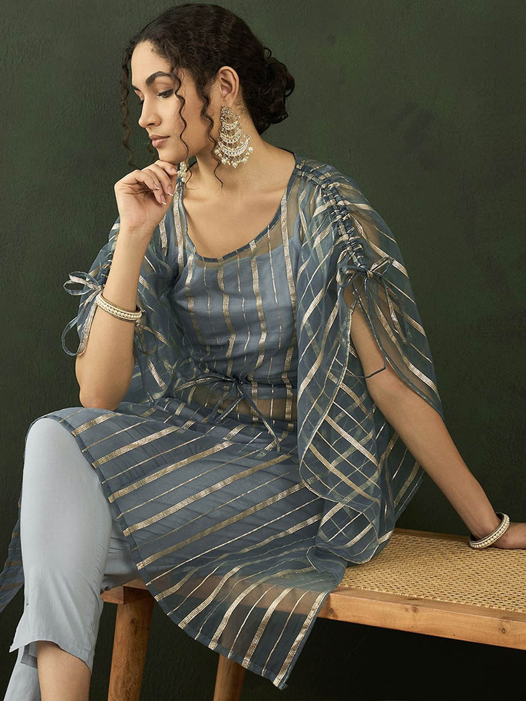 Sangria Pure Cotton Ethnic Crop Top Kaftan & Trousers Co-Ords