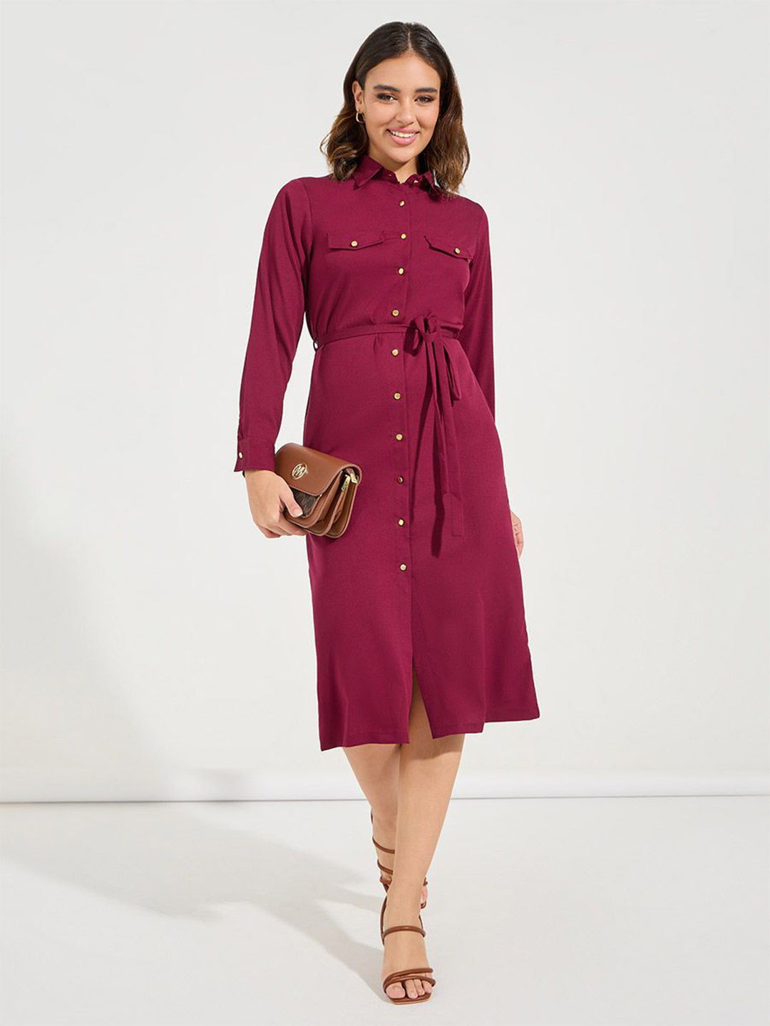 Styli Burgundy Cuffed Sleeves Tie-Ups Detail Midi Shirt Dress
