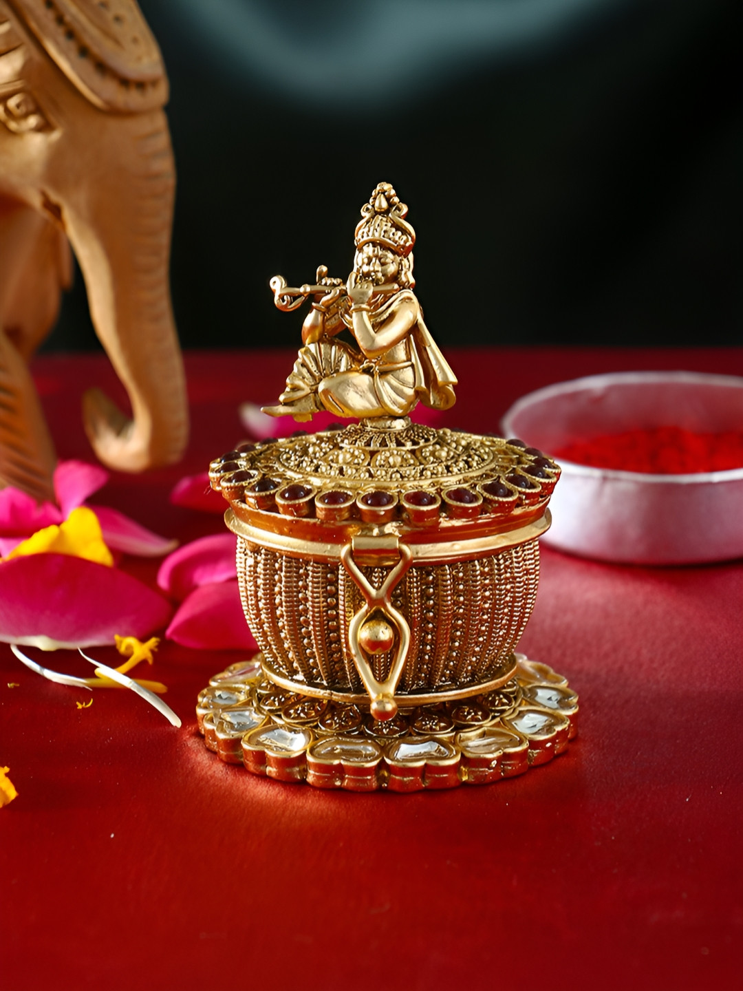 Adwitiya Collection Gold-plated Lord Krishna Kumkum Box Pooja Essentials
