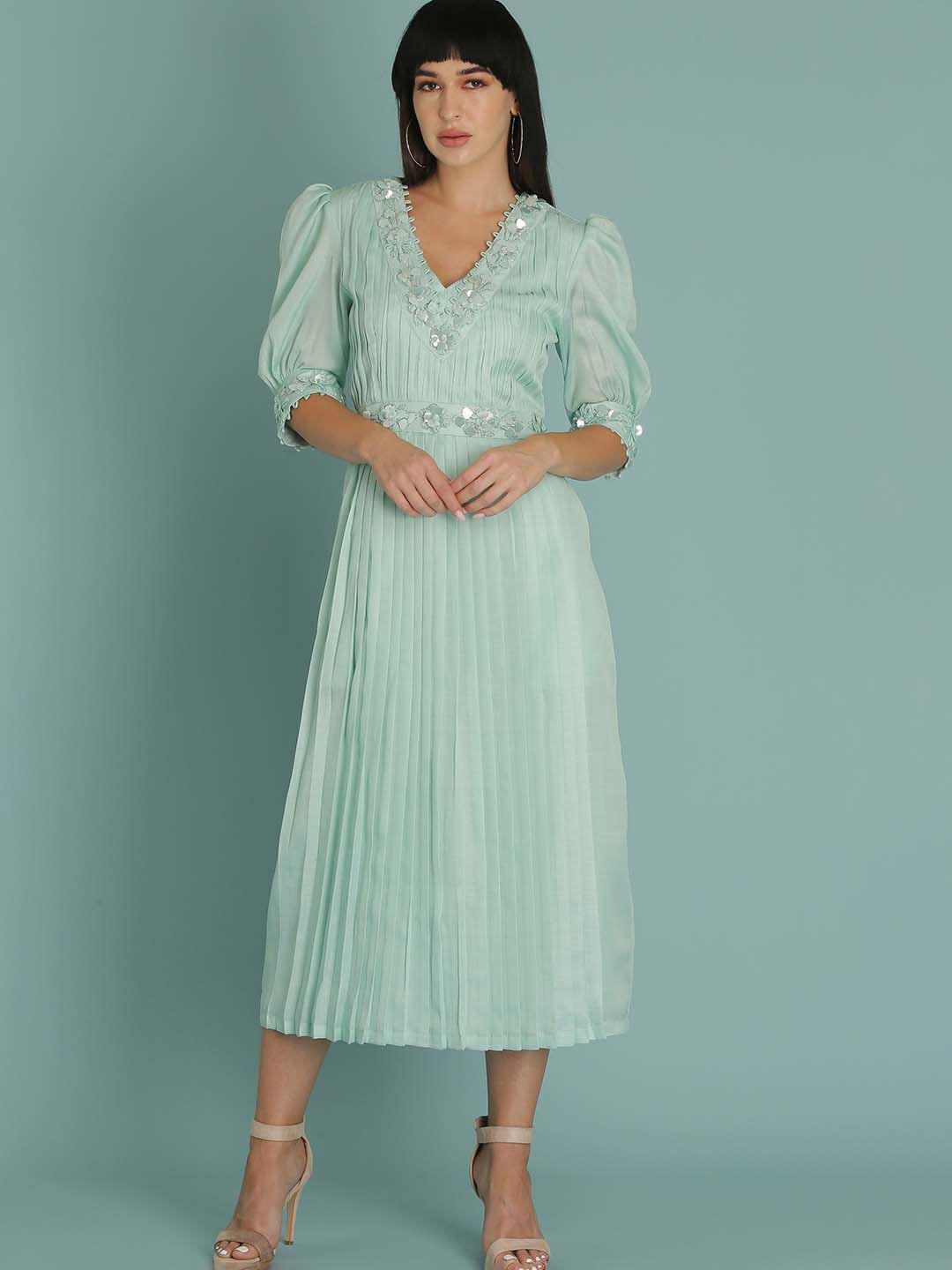 Sejal Kamdar Embellished Puff Sleeve Fit & Flare Midi Dress