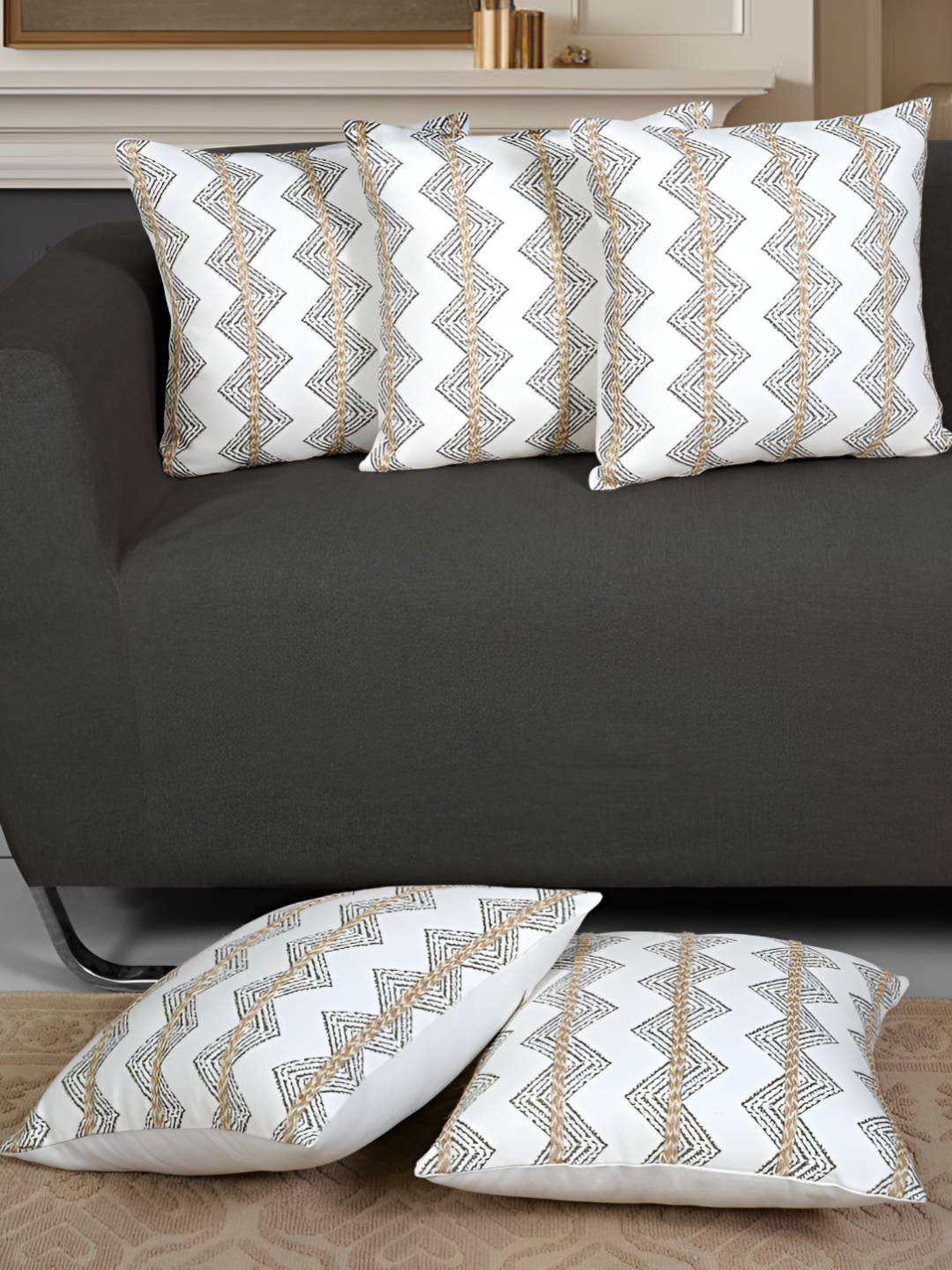 Ode & Cleo Green & White 5 Pieces Embroidered Cotton Square Cushion Covers