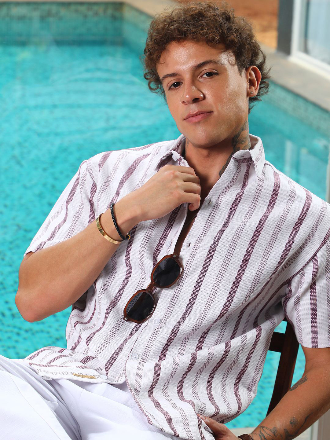 CAHOOT Men Comfort Spread Collar Striped Cotton Casual Shirt