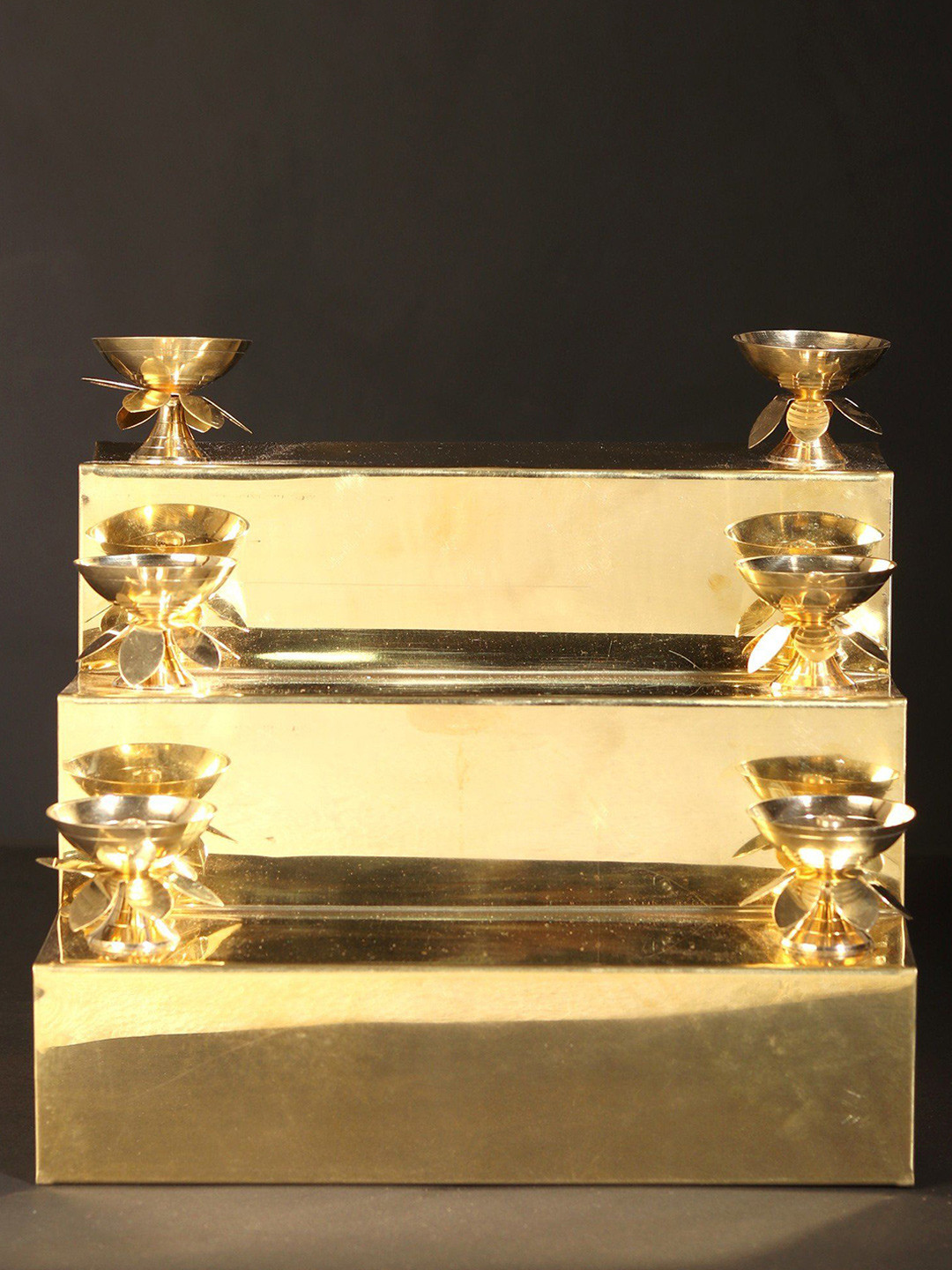 Exotic India Lotus Diya on Multi Steps Brass Glossy Pooja Room Spiritual Wall Decor-9In
