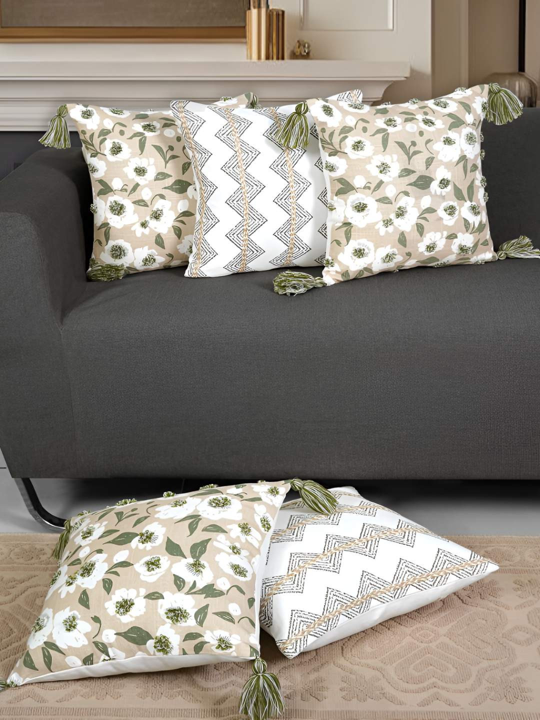 Ode & Cleo Green Embroidered Cotton Lightweight 5 Square Cushion Covers -18x18In