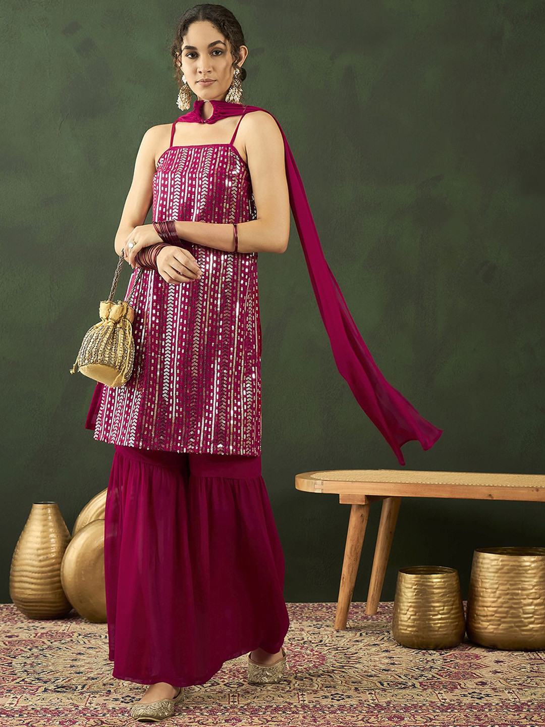 Sangria Sequenced With Embroidered Kurta & Sharara With Dupatta