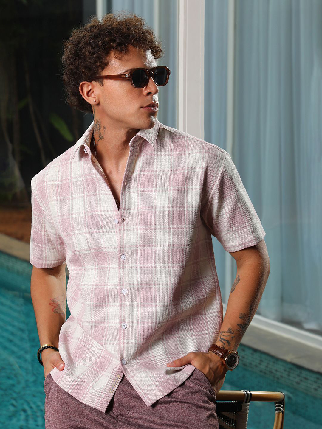 CAHOOT Men Comfort Spread Collar Checked Cotton Casual Shirt