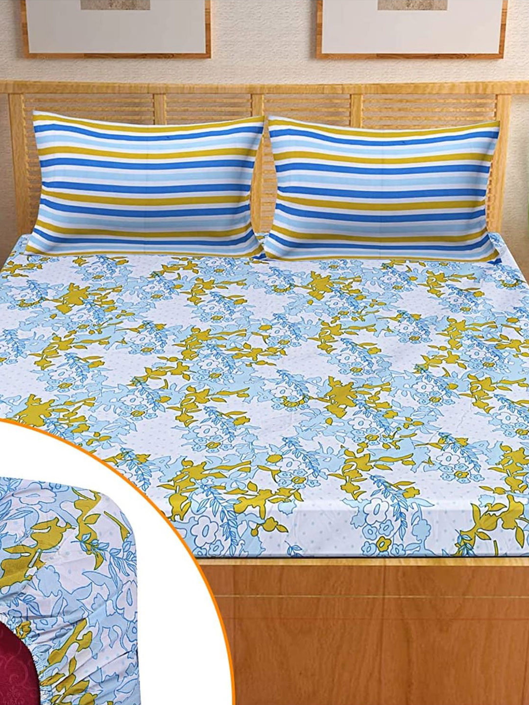 Kuber Industries Dreams Blue Floral Cotton 144 TC Fitted Queen Bedsheet with 2 Pillow Covers-183 x 183 x 20cm