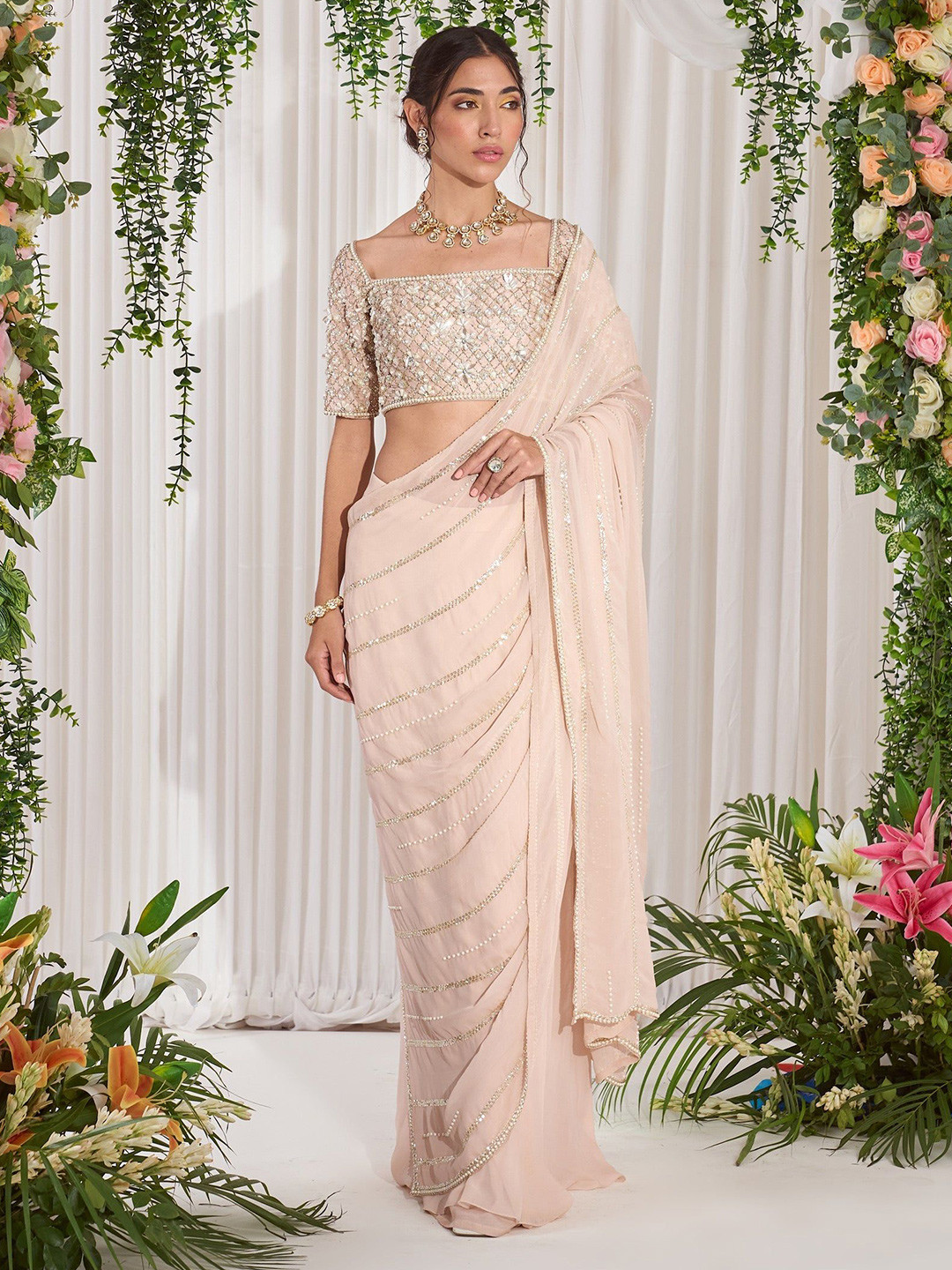 NIDHIKA SHEKHAR Striped Beads and Stones Pure Georgette Chanderi Saree