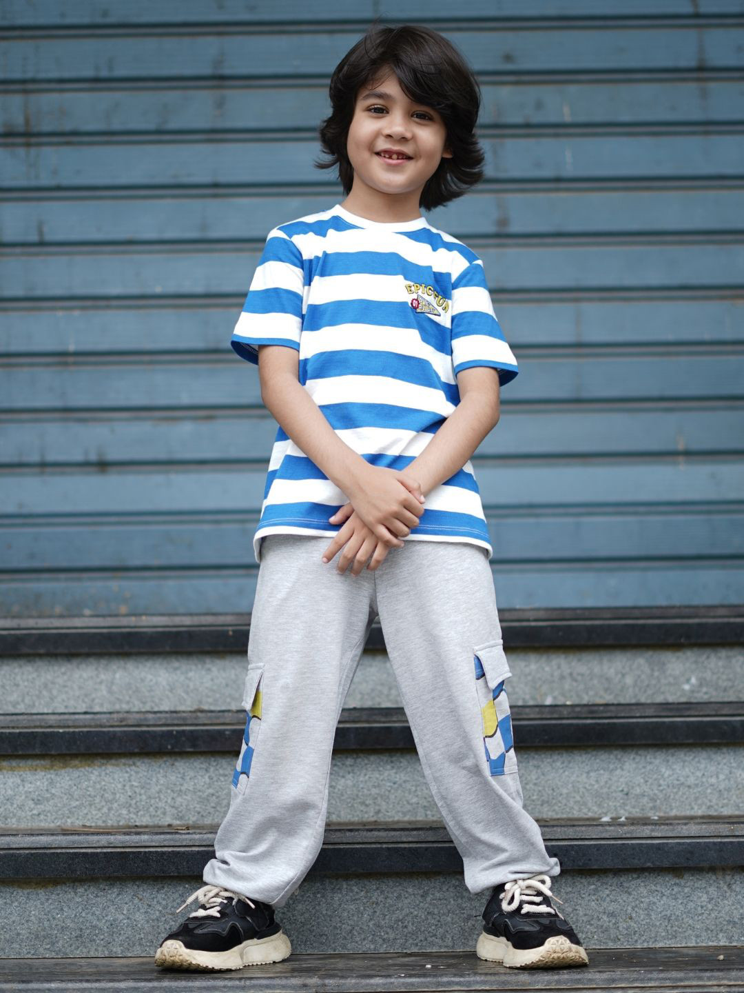 Nap Chief Kids Unisex Striped Pure Cotton T-shirt with Cargo Joggers