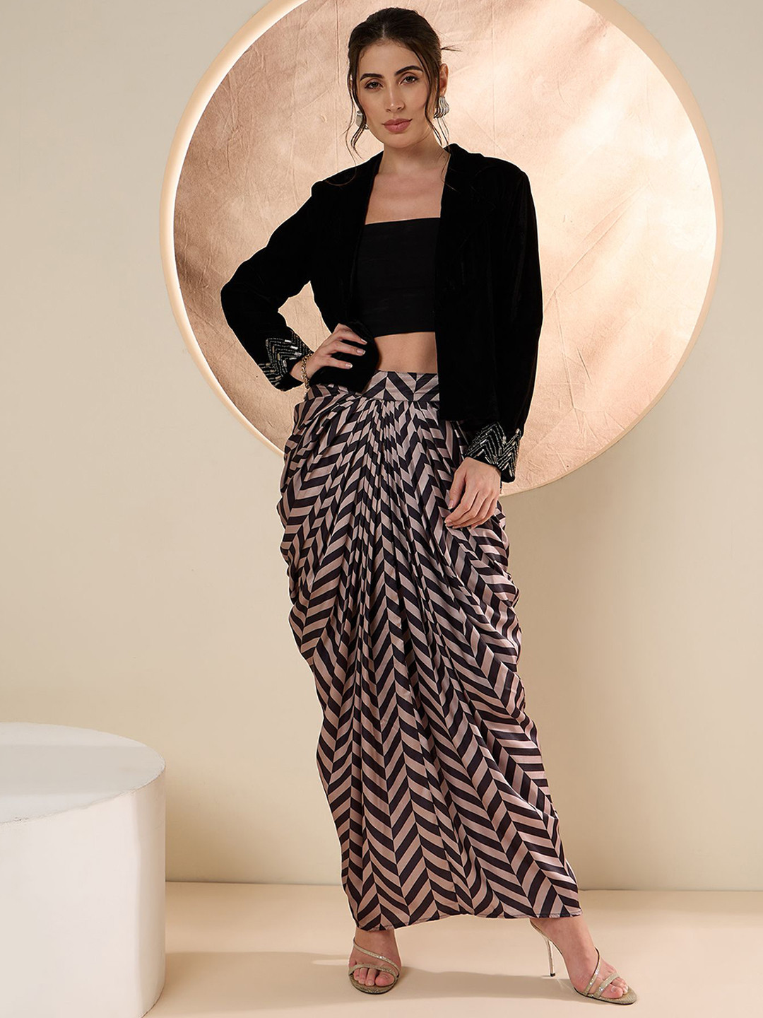 Antheaa Embellished Shawl Neck Jacket With Skirt