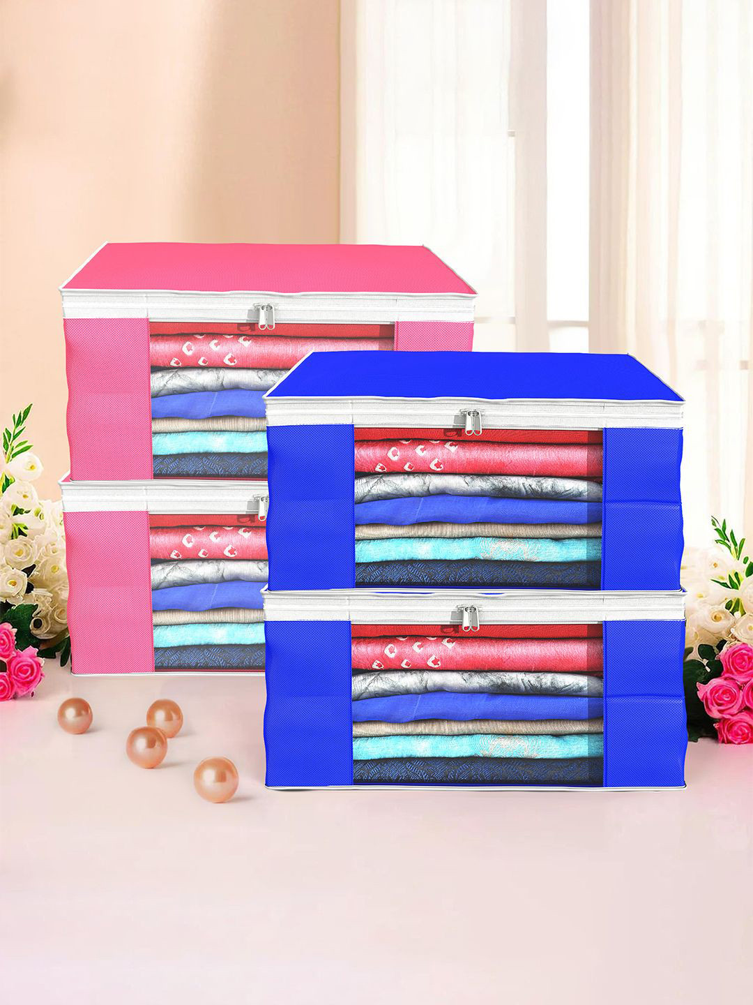 Kuber Industries Blue & Pink 4 Pieces Foldable Drawer Organisers