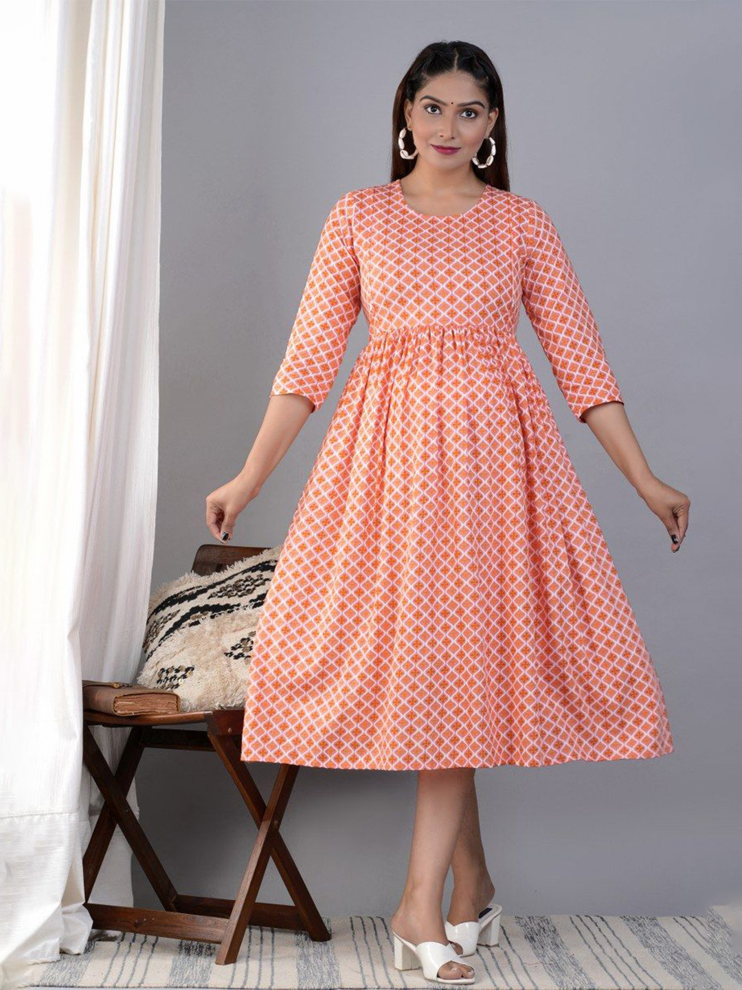 TANISHA Geometric Fit & Flare Midi Maternity Dress