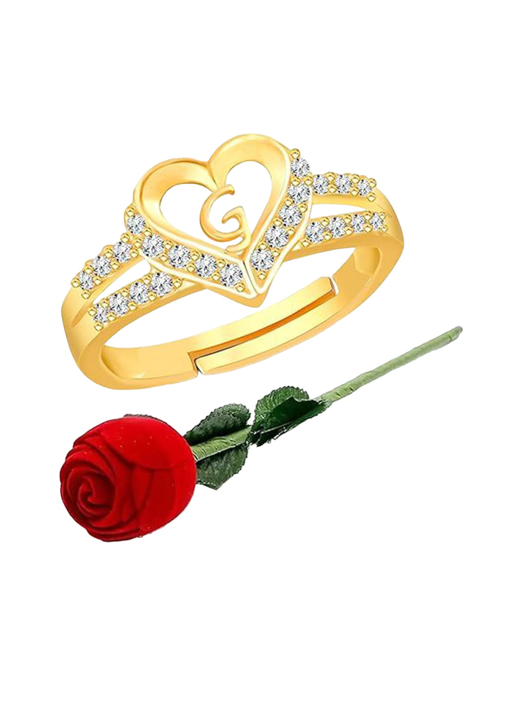 Lila  Gold-Plated Stone-Studded Adjustable Finger Ring With Heart Alphabet 'G'