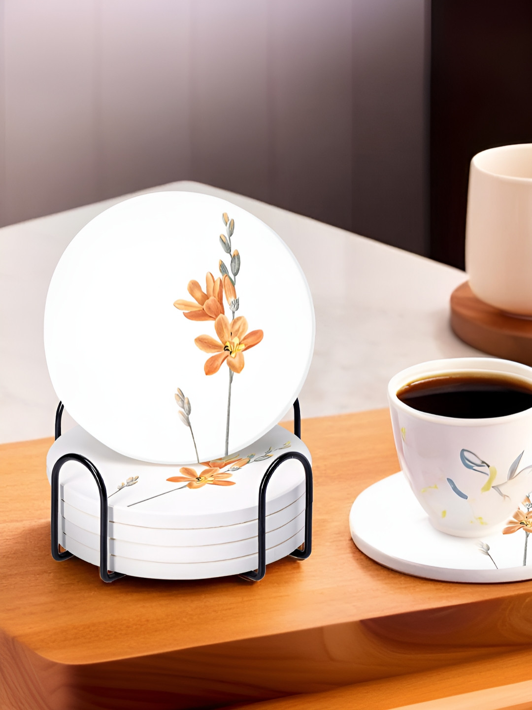 The Better Home 6 Pcs White & Orange Round Diatomite Coasters